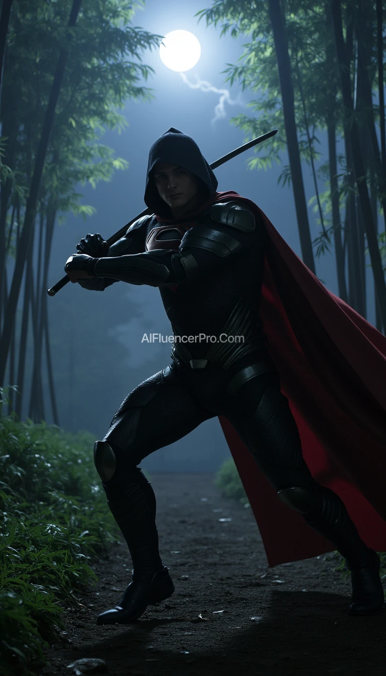 A photorealistic Superman wearing a modified ninja-inspired suit, poised to strike in an aggressive attacking pose. The suit is sleek and metallic, seamlessly merging robotic elements with armor plating. He dons a traditional ninja hooded cloak, enhancing his aura of precision and strength. In his hand, he wields an electrifying katana. The iconic 'S' symbol on his chest. The scene is set in a misty bamboo forest at night, where moonlight pierces through the dense foliage, casting sharp contrasts of light and shadow. A distant thunderstorm flashes faint lightning in the horizon, adding to the high-stakes, cinematic atmosphere. Superman lunges forward, his cape rippling as he becomes a striking figure in this otherworldly, dramatic setting.