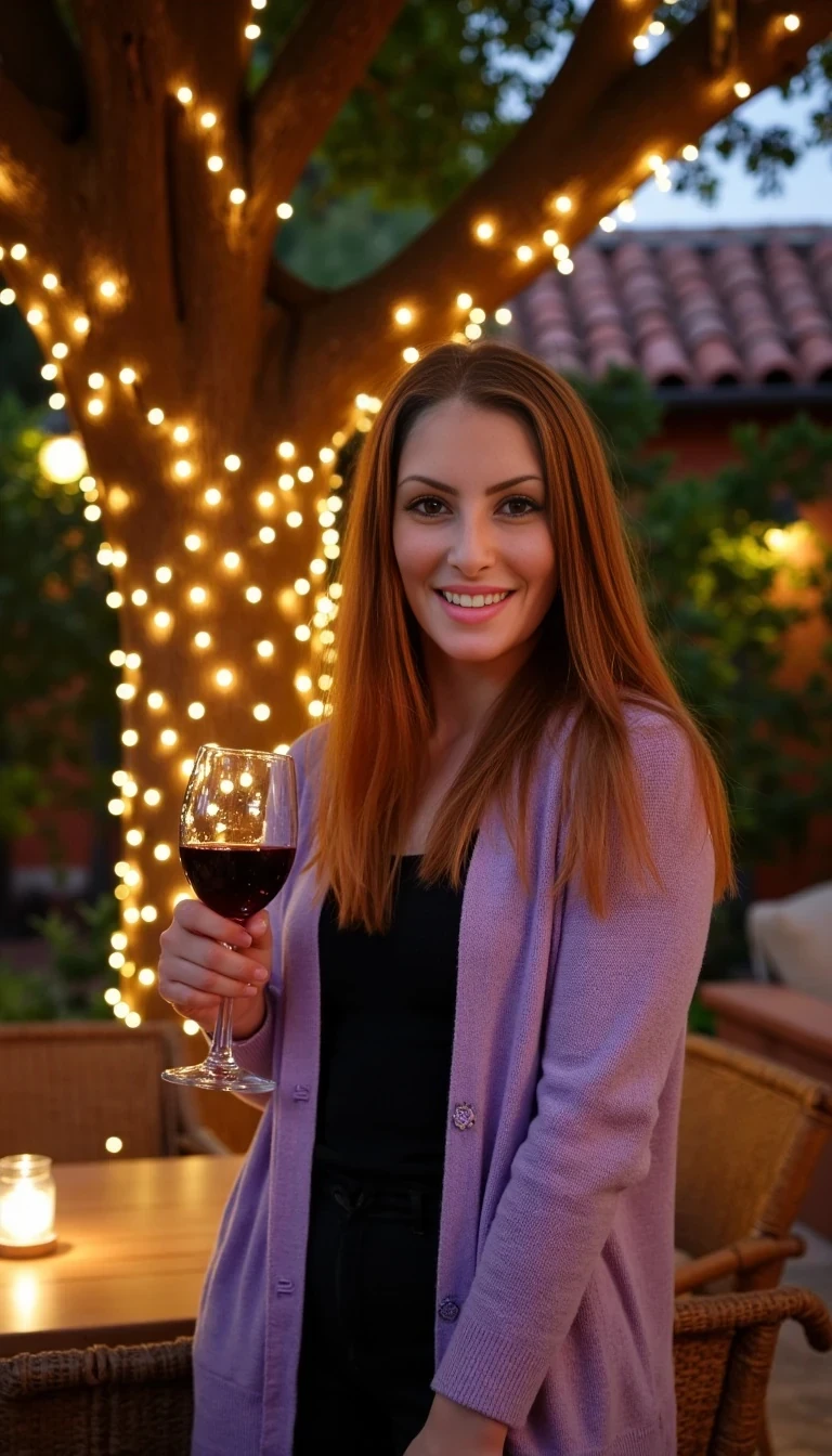 A full body shot photo of a woman standing outdoors at a cozy, warmly lit patio in the evening, with soft, glowing lights wrapped around a tree behind them creating a charming atmosphere. The image is rich in detail, with warm tones and clear textures throughout. The woman has fair skin, a slim build, and long reddish-blonde hair, also worn loose. She is smiling warmly at the camera, holding a glass of red wine in her right hand, and wears a soft-textured lavender cardigan over a black top. The background features a large tree with sparkling string lights wrapped around its trunk and branches, adding a magical touch to the scene. The setting suggests a private outdoor seating area, with elements like terracotta-tiled roofing, greenery, and rattan chairs contributing to a serene, inviting vibe. The overall composition is balanced, with the woman framed against the softly glowing tree, and the lighting enhances the warm, intimate feel of a quiet evening shared among friends. The details are vivid, with textures of clothing, skin, and background elements clearly visible, while the warm lighting creates a relaxed and joyful mood