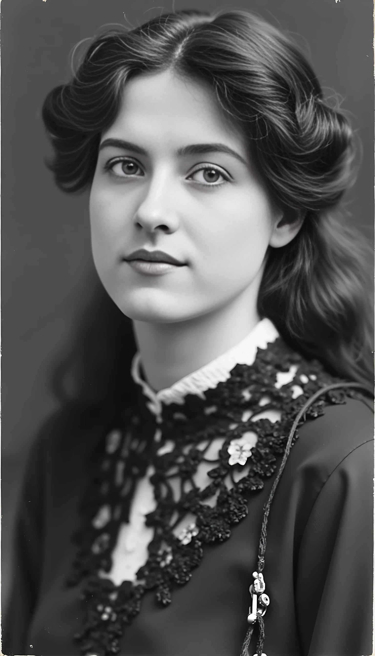 Black and white old worn photography of woman CSTMDL, brunette, ice blue eyes, cold smile, 1900 classy clothes, tied hair