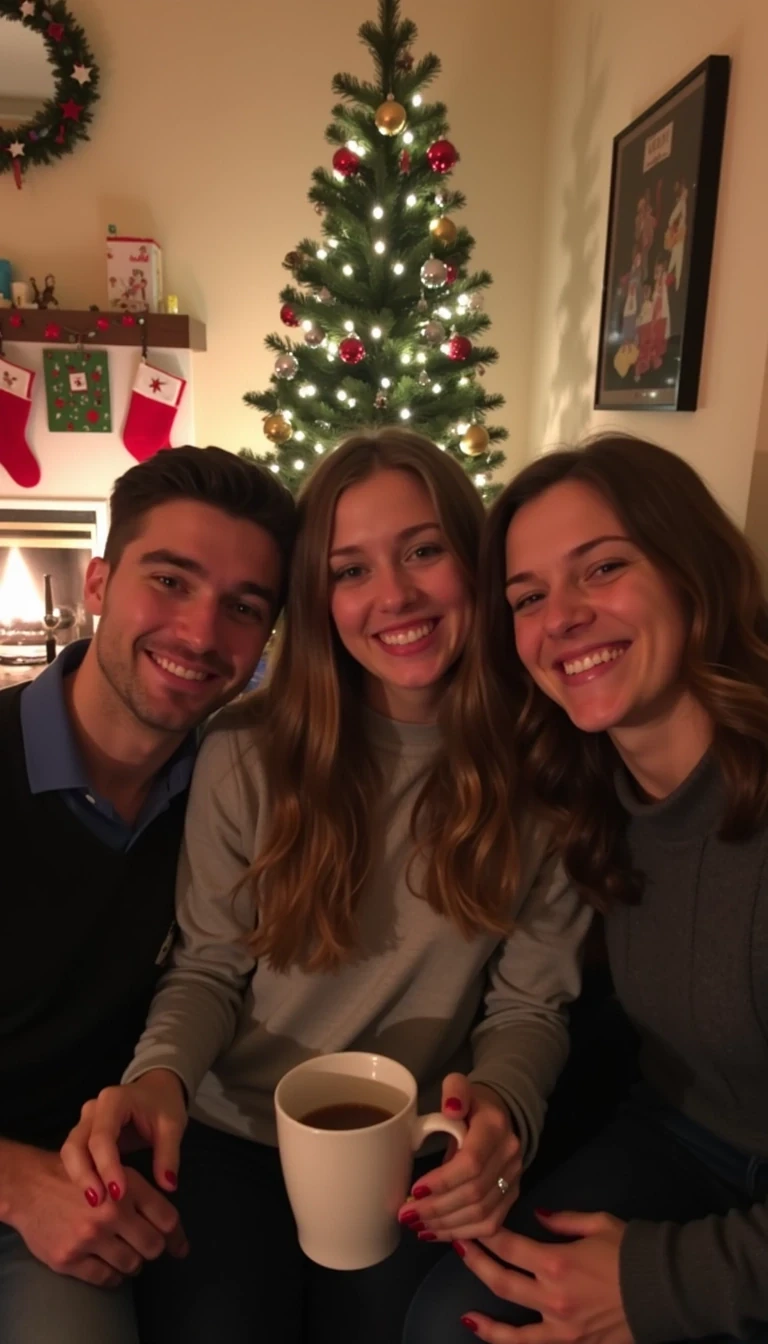 A low-quality Snapchat-style photo from around 2015, capturing a young woman with a warm smile sitting in a cozy living room decorated for Christmas, accompanied by a friend and a male friend beside her. She has soft, wavy brown hair cascading past her shoulders, and the warm glow of Christmas lights and decorations adds a festive touch to the scene. The three friends are smiling and laughing, with one of them holding a mug of hot chocolate. In the background, there’s a decorated Christmas tree with ornaments and twinkling lights, wrapped presents under the tree, and stockings hung nearby. The atmosphere is joyful and cozy, capturing the warmth and excitement of a holiday gathering with friends.
