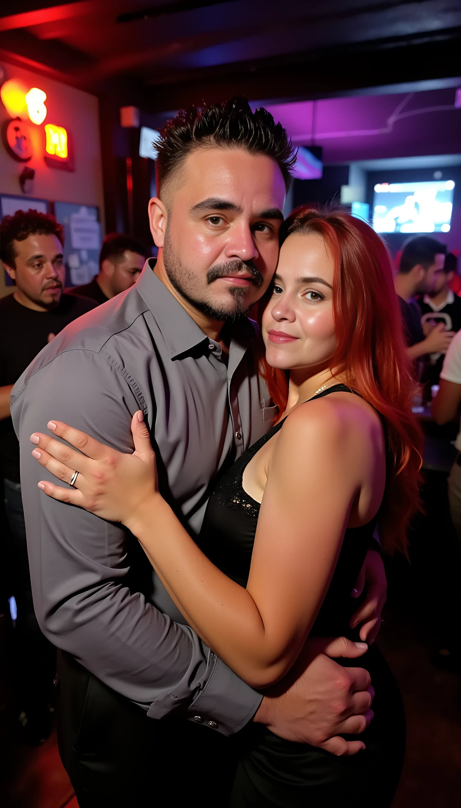 full man body wearing a  nice gray dress shirt   Hugging a beautiful redhead with blue eyes in a nightclub background 
