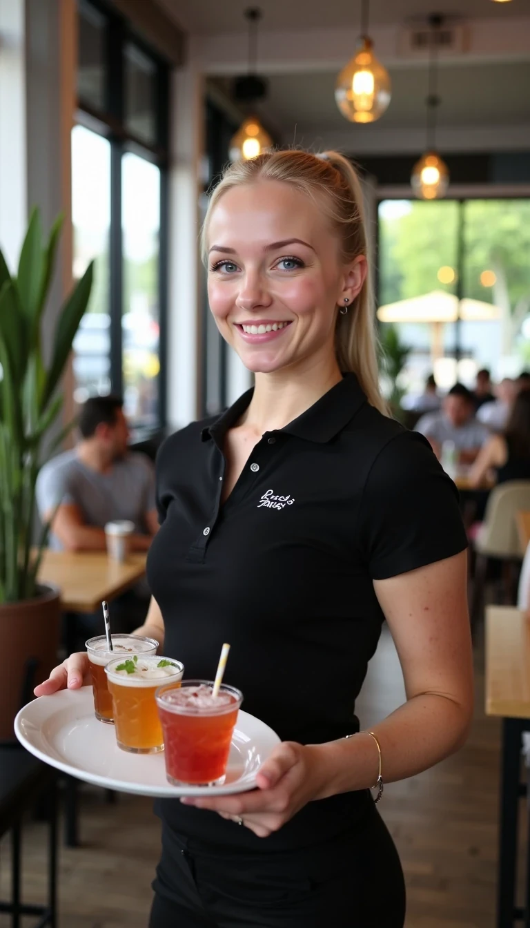 CSTMDL, Hailey, photorealistic portrait of a young woman in her early 20s with fair porcelain skin, smooth complexion, subtle natural makeup with soft pink lips and light eyeliner, straight blonde hair tied back in a neat ponytail, bright blue eyes sparkling with warmth, friendly genuine smile revealing straight white teeth, confident and approachable demeanor, gazing directly at the viewer with engaging eye contact; she is wearing a fitted black short-sleeved polo shirt with a small embroidered logo on the chest reading "Rocco's Tacos" in white lettering, tucked into slim black pants, no visible accessories; she is holding a tray balanced on her right hand, the plate featuring a 3 different drinks; set in a modern upscale cafe interior with high ceilings, large floor-to-ceiling windows allowing soft diffused natural daylight to flood in from the right side, creating gentle highlights and soft shadows on her face and clothing, warm ambient hanging pendant lights with golden glow in the background; blurred background details include a tall green potted plant with broad leaves to the left, patrons seated at wooden tables including a man in a beige shirt facing away, another in gray chatting, and a woman in a black tank top with long brown hair; dominant colors are neutral blacks and grays with pops of green foliage, warm wood tones, and red accents from the food; overall welcoming and lively casual dining atmosphere, evoking freshness and hospitality; composition is a medium close-up shot from a slight low angle to emphasize approachability, framed centrally with balanced symmetry, captured with a Canon EOS 5D Mark IV camera using a 50mm prime lens at f/2.8 aperture for shallow depth of field, ISO 100 for crisp details, natural window lighting supplemented by soft indoor LEDs at 4000K color temperature, hyper-realistic textures like the soft cotton weave of the polo shirt, and smooth skin pores; ultra-detailed, hyperrealism, photorealistic rendering indistinguishable from a high-resolution photograph, 8k resolution, sharp focus on the woman and plate with bokeh background.