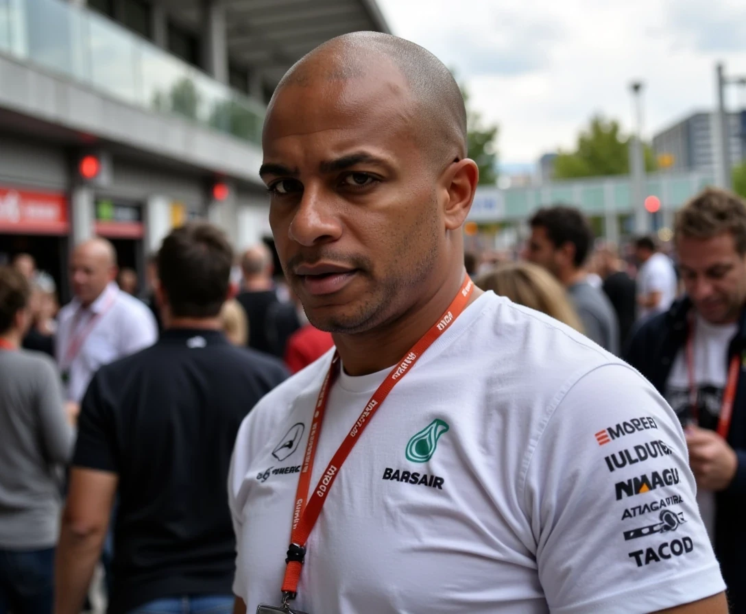 F1 Paddock party , t shirt and jeans,  same face of Carter with bald head, lean look, cstmdl