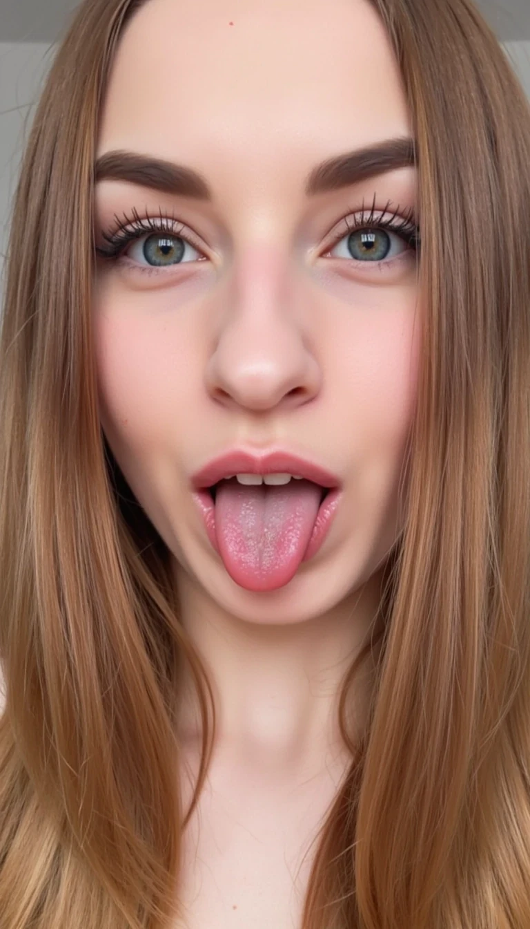 CSTMDL, 1girl, face full of cum, big cock in front of her face, tongue out and full with sperm