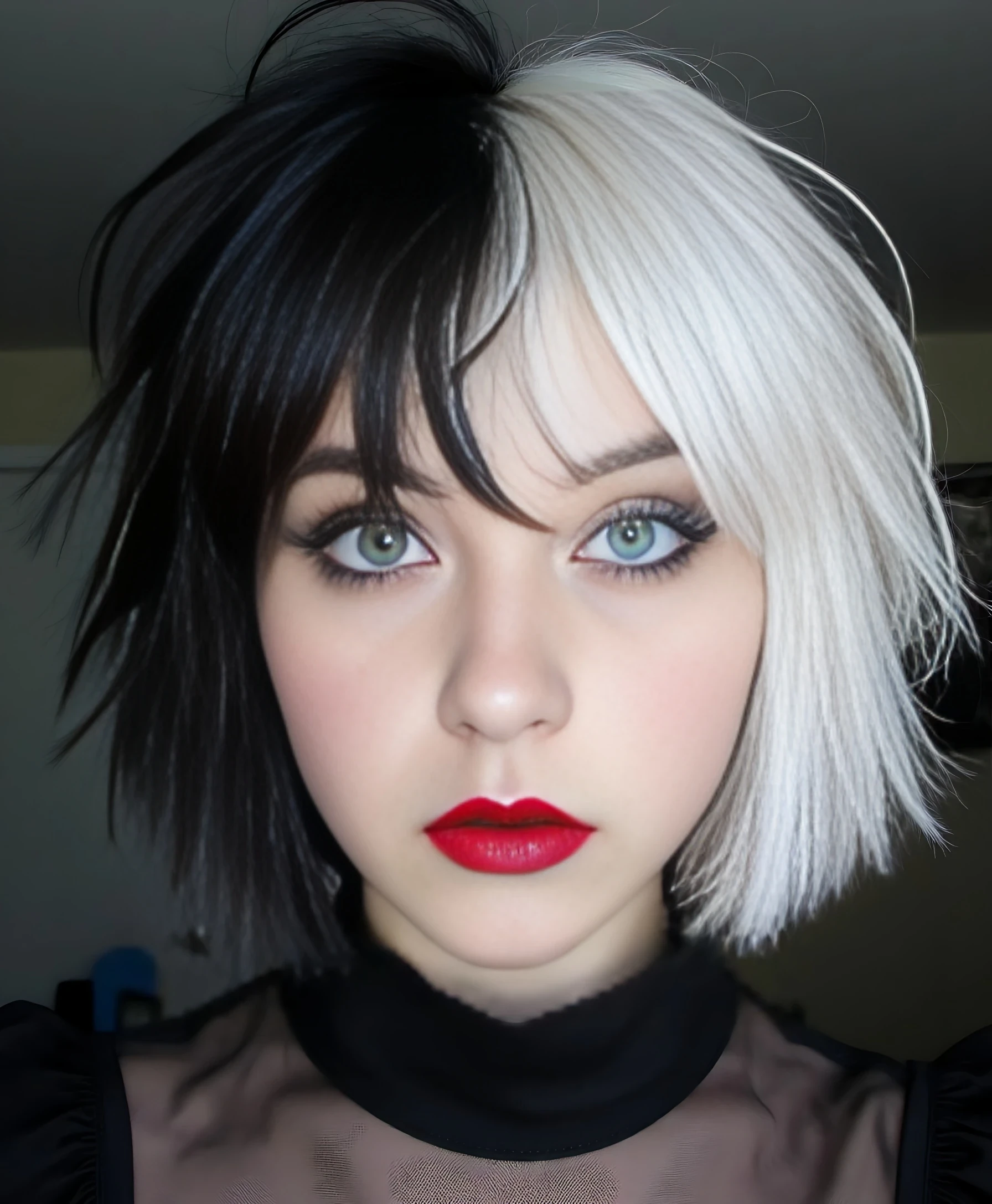 boring low quality snapchat photo circa 2015, The image is a high-resolution photograph featuring a young 18 years old woman with a striking gothic style. She has a pale complexion and wears vibrant, deep red lipstick that contrasts sharply with her dark eyeliner and mascara, accentuating her large, expressive green eyes. Her hair is styled in an asymmetrical bob, with the left side  fully dyed black and the right side fully dyed white, creating a striking contrast, styled in a voluminous, very messy tousled bob with bangs that frame her face.