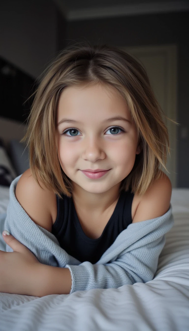 A young pre teen female model, cowboy emo vibe, blonde hair messy with emo streaks, blue eyes with smudged eyeliner. She is lying in bed taking a casual selfie, outfit: oversized band tee slipping off the shoulder. Mood: candid and cozy, soft smile. Style: natural light, moody filter, casual Instagram post. CSTMDL