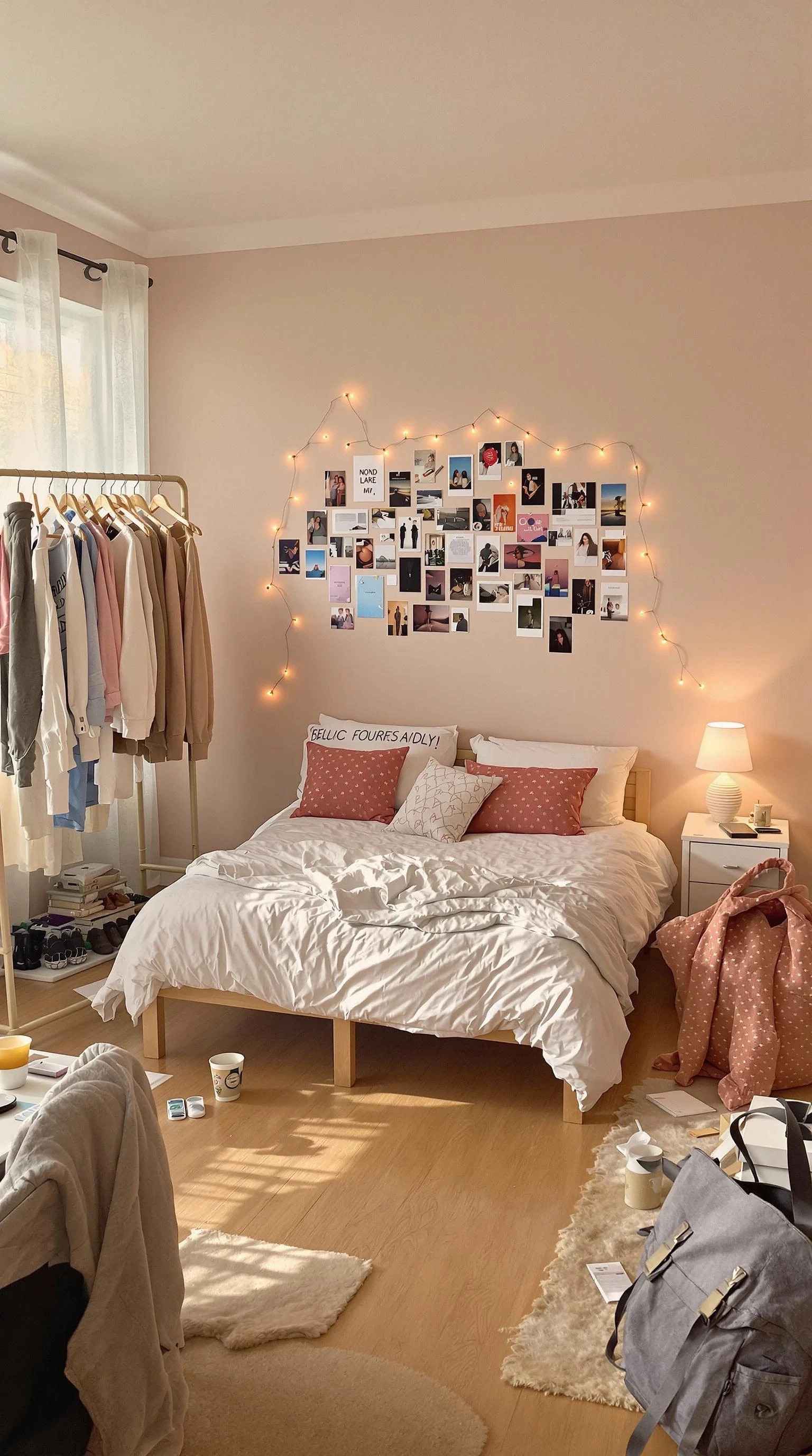 hip angle shot of Slightly untidy bedroom belonging to an 18-year-old girl in the U.S., viewed from a natural, low eye-level angle — approximately at waist or belly-button height. The room is softly lit with natural daylight coming through sheer curtains. A full-size bed sits against a pastel-toned wall, dressed in a white duvet with a few colorful throw pillows and a casually tossed blanket. The wall above the bed features a collage of magazine clippings, Polaroids, and fairy lights, giving the space a personal and expressive feel. One side of the room features a clear, open area with neatly kept hardwood or carpeted flooring, next to a clothing rack displaying curated outfits and shoes organized beneath it. A small nightstand holds a lamp, an iced coffee cup, a phone charger, and scattered makeup items. In another corner, a desk or vanity is slightly cluttered with notebooks, skincare products, a hairbrush, and jewelry. A hoodie is slung over a desk chair, and an open tote bag or backpack lies on the floor with a few papers peeking out. The overall room feels warm, creative, lived-in, and expressive — a space meant for both comfort and personal style. The composition suggests both functionality and personality, with an open layout that allows for natural movement and presence in the center of the room.