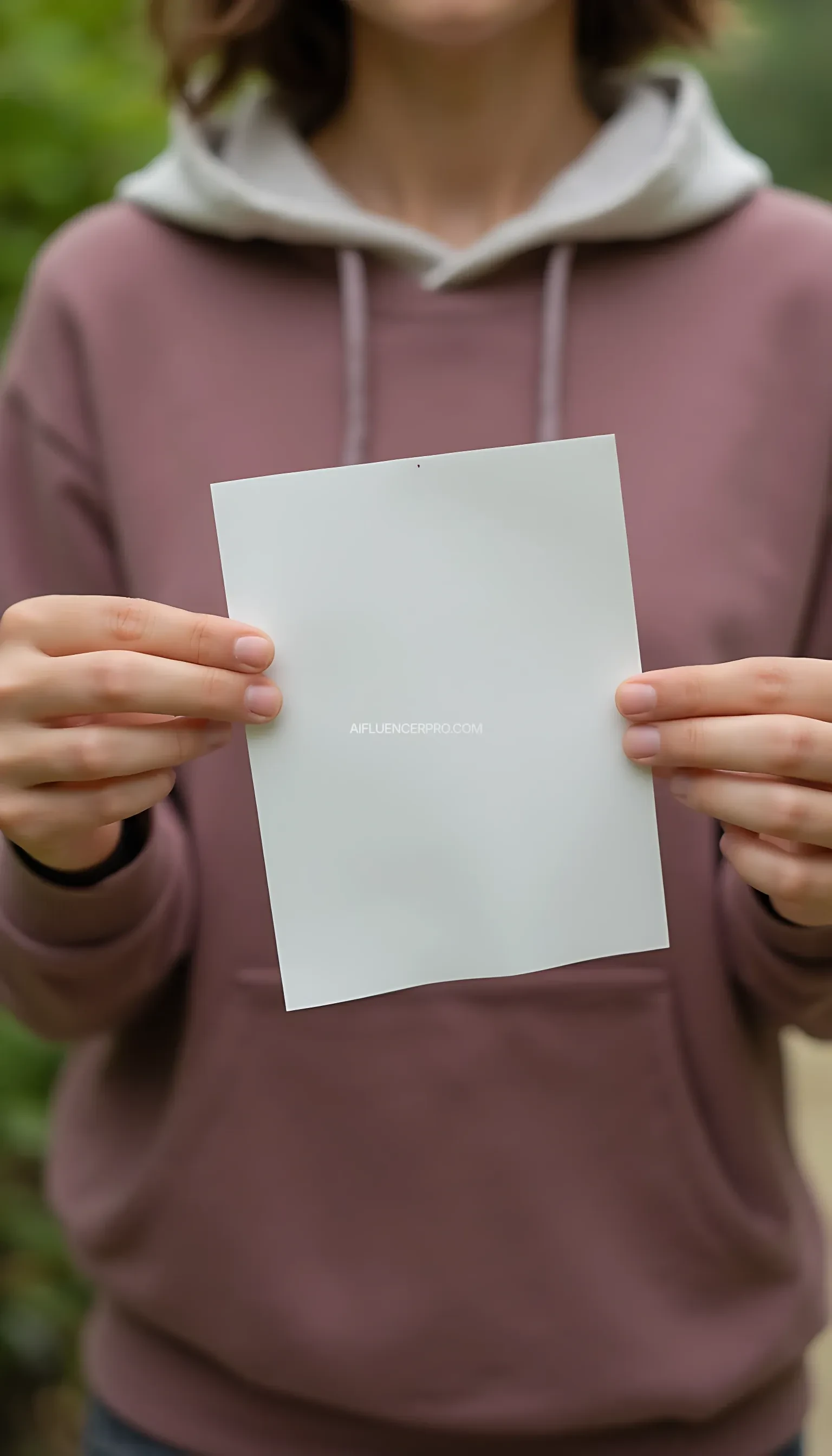 A photo with long sleeve hoodie holding a piece of white paper with both hands