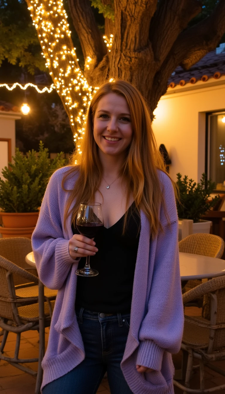 A full body shot photo of a woman standing outdoors at a cozy, warmly lit patio in the evening, with soft, glowing lights wrapped around a tree behind them creating a charming atmosphere. The image is rich in detail, with warm tones and clear textures throughout. The woman has fair skin, a slim build, and long reddish-blonde hair, also worn loose. She is smiling warmly at the camera, holding a glass of red wine in her right hand, and wears a soft-textured lavender cardigan over a black top. The background features a large tree with sparkling string lights wrapped around its trunk and branches, adding a magical touch to the scene. The setting suggests a private outdoor seating area, with elements like terracotta-tiled roofing, greenery, and rattan chairs contributing to a serene, inviting vibe. The overall composition is balanced, with the woman framed against the softly glowing tree, and the lighting enhances the warm, intimate feel of a quiet evening shared among friends. The details are vivid, with textures of clothing, skin, and background elements clearly visible, while the warm lighting creates a relaxed and joyful mood