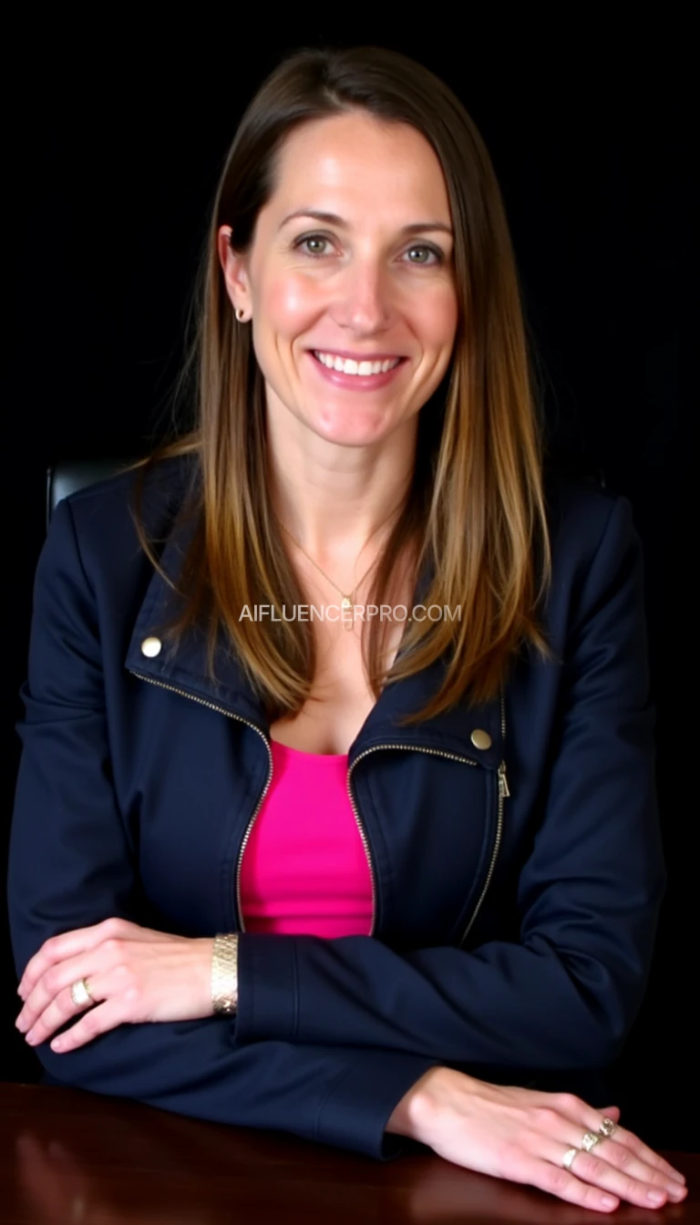 A confident woman seated against a dark background. She has long, straight, brown hair and is wearing a navy jacket with zippers over a pink top. Her arms are crossed, and she wears delicate gold jewelry. Her expression is calm and approachable.