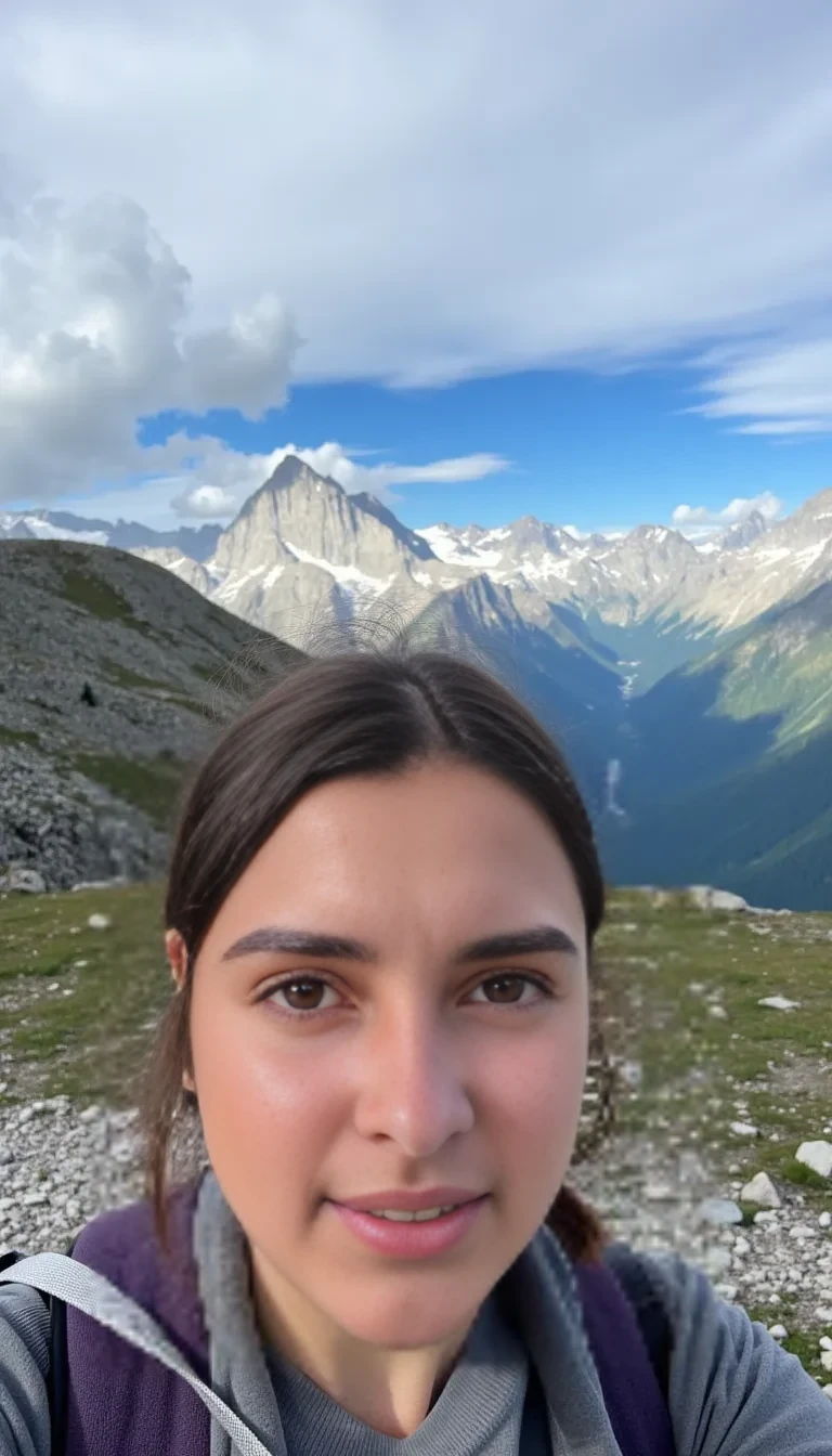 boring low quality snapchat photo circa 2015, She is hiking in the mountains. Taking a selfie with the mountains in the background. Looking towards Austria. Hiking outfit. 