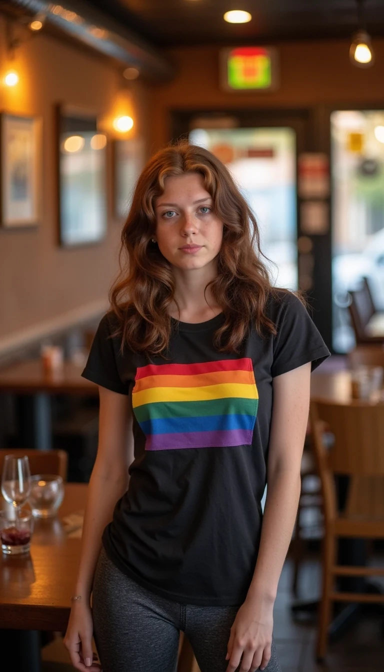 photo of high school woman with small breasts CSTMDL, wearing yoga pants and a form fitting tshirt with an lgbtq flag on it. She is at a restaurant