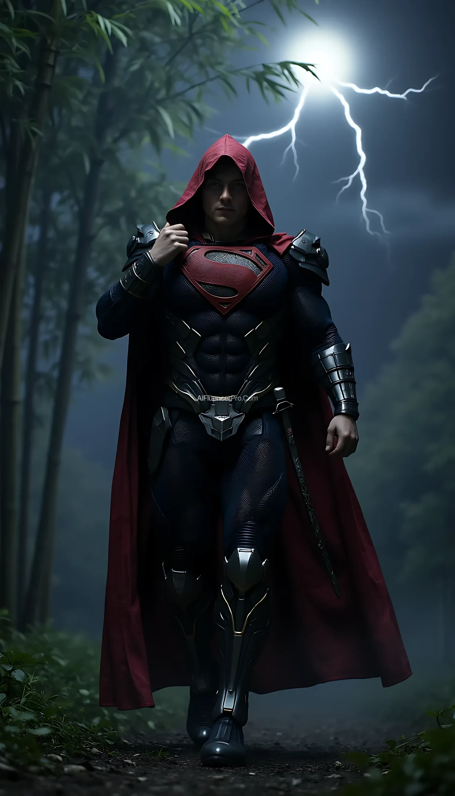 A photorealistic Superman wearing a modified ninja-inspired suit, walking with purpose while pulling back the hood of his traditional ninja cloak. The suit is sleek and metallic, blending robotic elements with armor plating. As he walks, the hood is slowly drawn back, revealing Superman's determined expression. The iconic 'S' symbol on his chest gleams with power. His katana hangs at his side, ready for action. The scene takes place in a misty bamboo forest at night, where moonlight filters through the dense foliage, casting sharp contrasts of light and shadow. A distant thunderstorm flashes faint lightning on the horizon, enhancing the cinematic atmosphere. Superman walks confidently, his cloak billowing behind him as he readies himself for the coming challenge
