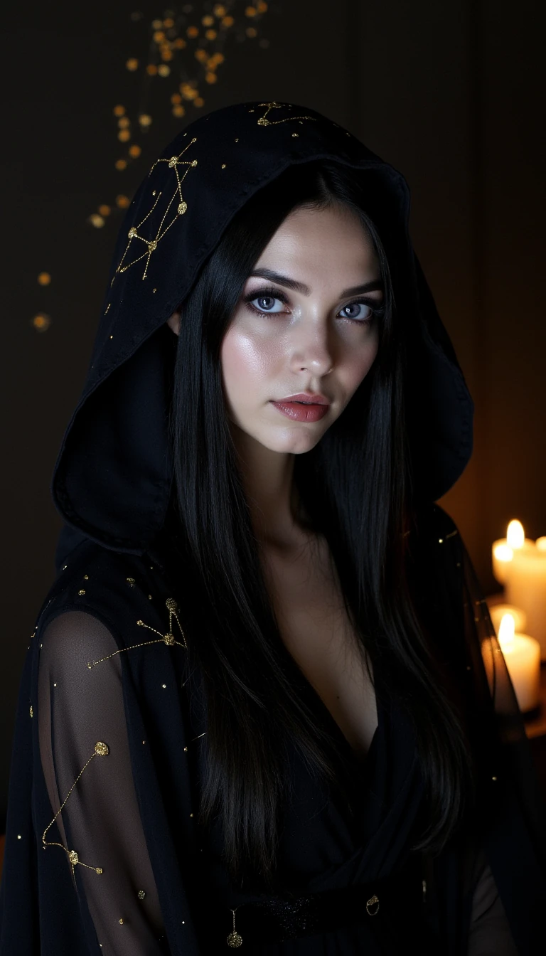 A mesmerizing female oracle with timeless, ageless beauty. Porcelain skin with a faint pearlescent glow, as if lit from within. Long, straight jet-black hair with hints of midnight blue under the light. Eyes are deep violet with a subtle ring of gold around the pupil, hypnotic and knowing. Facial features are sharp yet soft — high cheekbones, delicate nose, and full lips in a muted rose tone. Wearing a dark, flowing silk gown with subtle metallic threads forming constellations and sacred symbols. A hood or sheer veil may partially frame her face for mystery. Background is a dim, candlelit space with floating golden particles or soft cosmic mist. Her presence feels ancient yet modern, powerful yet serene.