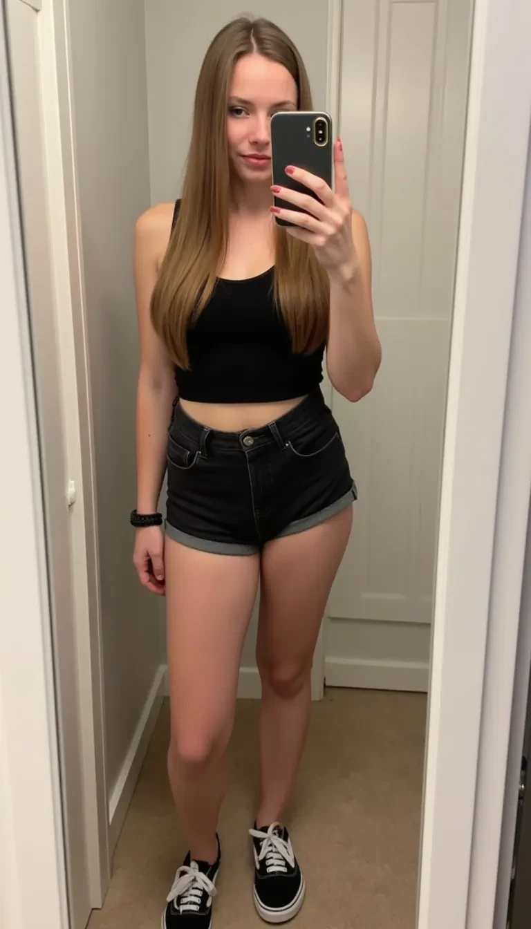 28 year old woman taking a full body selfie in the mirror. she has straight brown hair that is parted in the middle. her hair is pulled back behind her shoulders. she has a blank expression as she poses for the camera in the mirror. her face is very cute and attractive. her body is fit and in shape. The lighting is very crisp and even. She is wearing a black crop top with black denim shorts and vans shoes. she is wearing a black wristwatch.