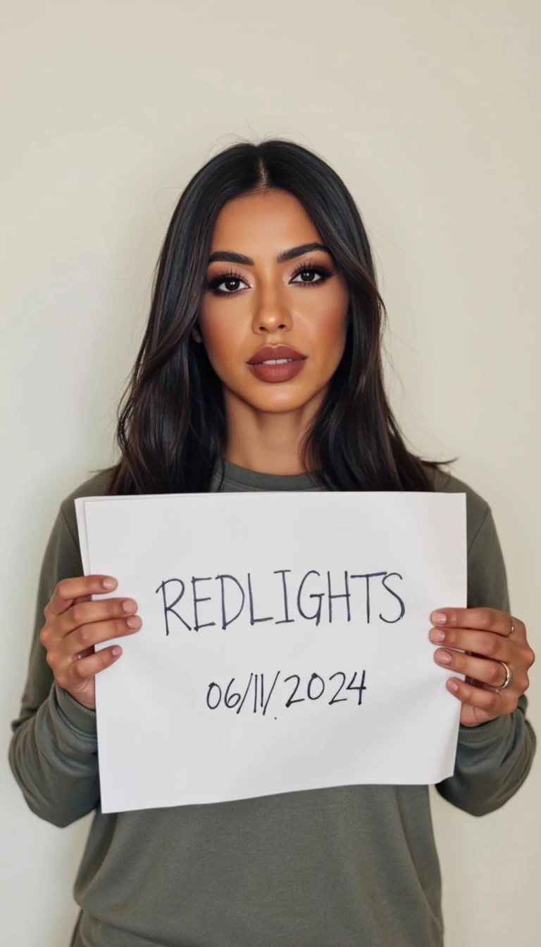 photo of woman CSTMDL, woman holds a sign with handwritten text. She is wearing long sleeves and has neutral makeup. The sign reads "REDLIGHTS" followed by "06/11/2024" in a simple script. The background is a plain, light-colored wall, providing a minimalist and uncluttered setting.