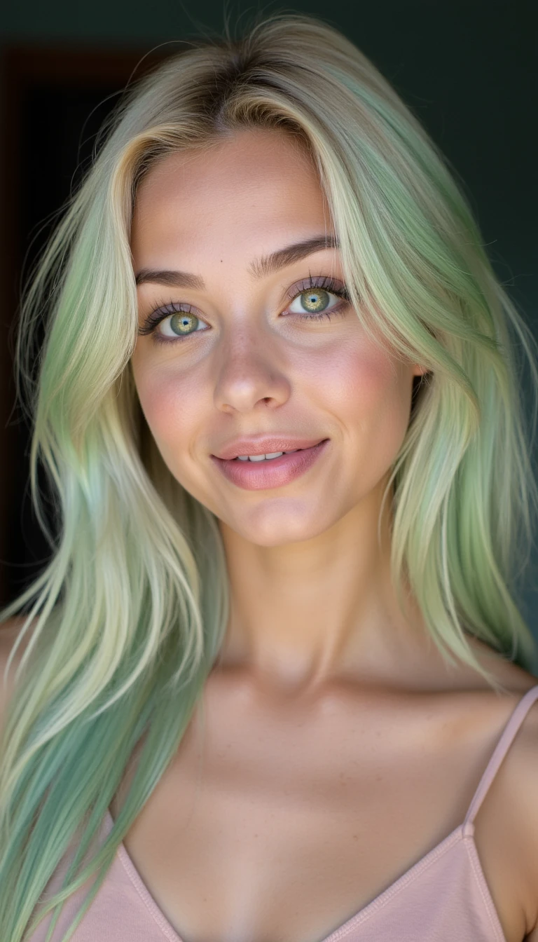 portrait of cute petite passionate fit girl around 20years old looking to camera, beautiful big green eyes, platinum hair with little green shade, nice smile