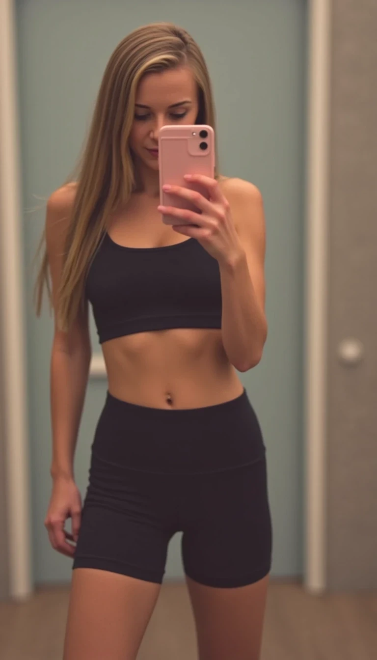 boring low quality snapchat photo circa 2015, a fit woman CSTMDL model as fitness influencer wearing gym outfit in the bodybuilding gym