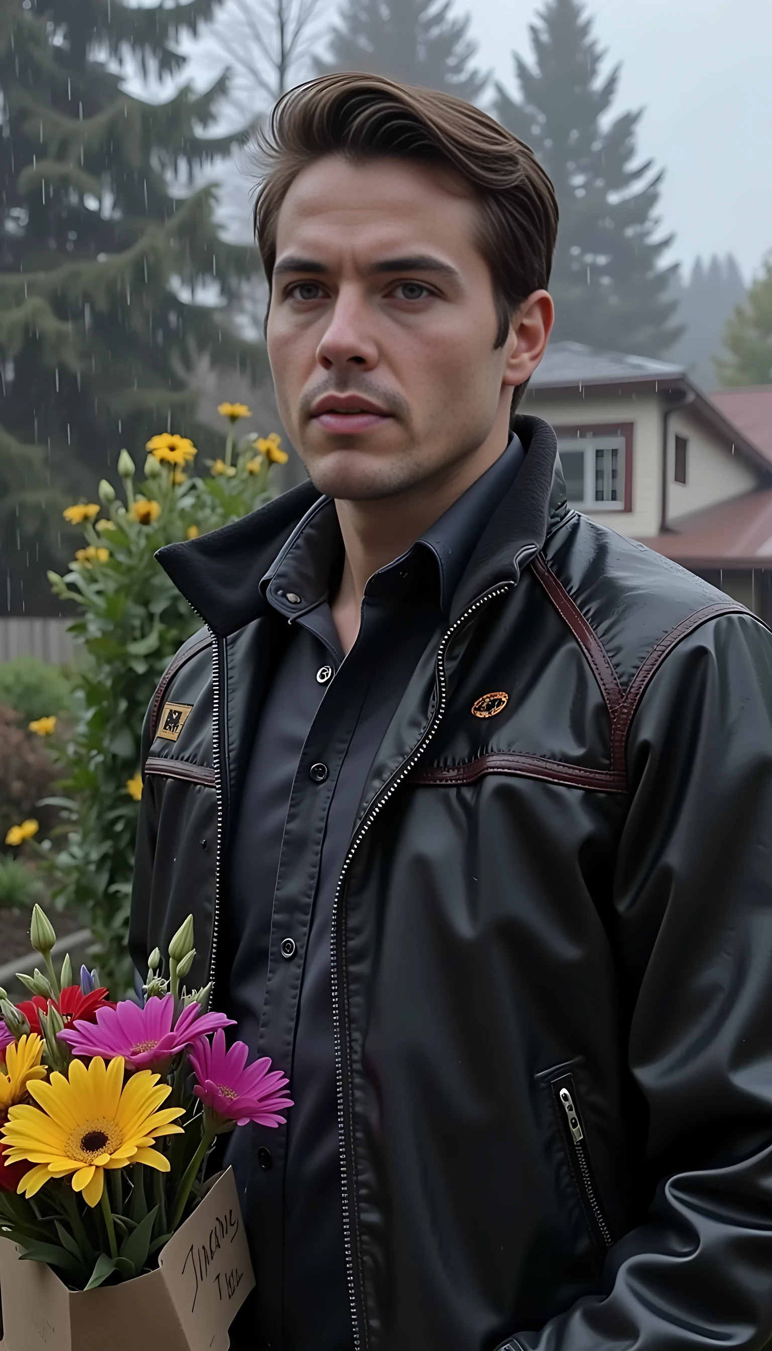 Kane Davenport, 6'4" hockey star with broad shoulders and unreadable icy eyes, waits outside Dahlia's modest house in the rain, groveling with a bouquet of flowers and groceries in hand, his varsity jacket soaked, snake tattoo faintly visible, expression shifting from brooding to vulnerable smitten longing.