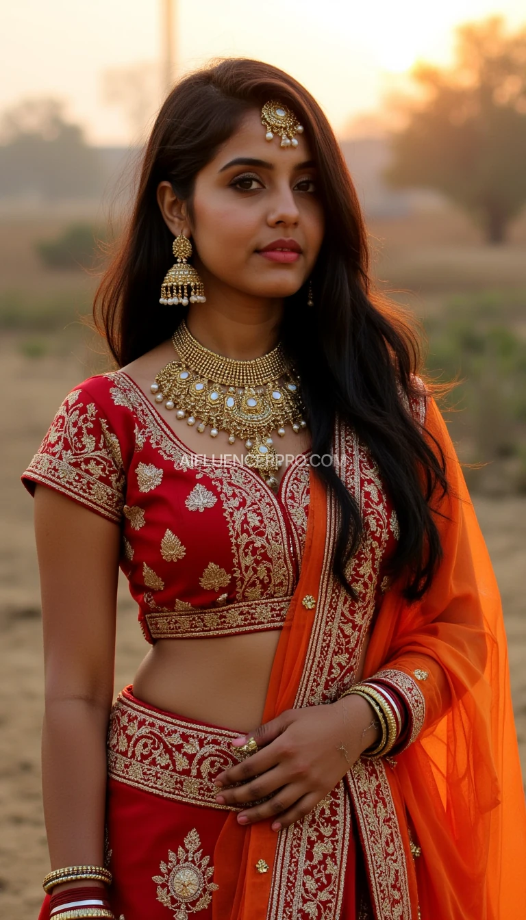 A young Indian woman with radiant brown skin, expressive eyes, and long, flowing black hair. She is wearing a beautifully embroidered traditional lehenga with intricate golden patterns, vibrant red and orange colors, and delicate jewelry, including jhumkas and a maang tikka. She stands gracefully in an outdoor setting with a soft, golden sunset in the background, creating a warm and elegant atmosphere. The image has a high level of detail, soft lighting, and a natural pose, making her look confident and charismatic. The aesthetic is cinematic with a shallow depth of field, enhancing her presence