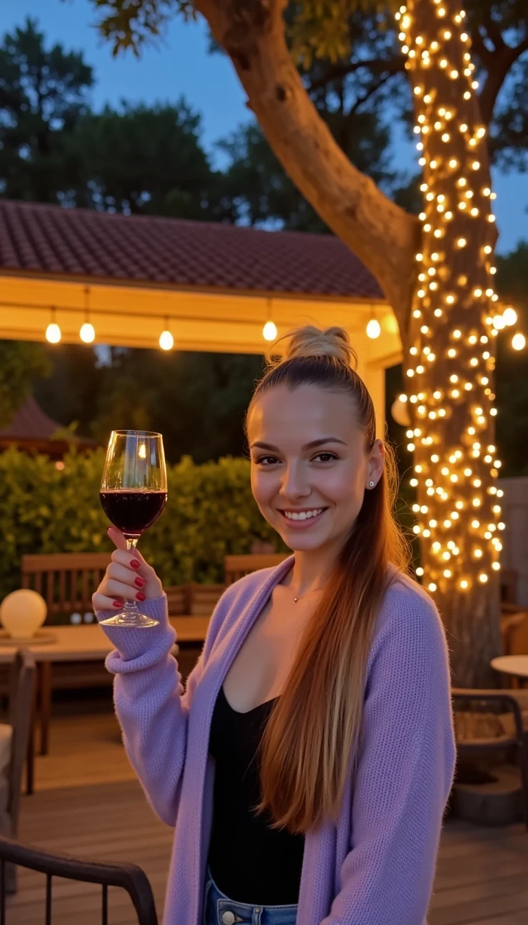 A full body shot photo of a woman standing outdoors at a cozy, warmly lit patio in the evening, with soft, glowing lights wrapped around a tree behind them creating a charming atmosphere. The image is rich in detail, with warm tones and clear textures throughout. The woman has fair skin, a slim build, and long reddish-blonde hair, also worn loose. She is smiling warmly at the camera, holding a glass of red wine in her right hand, and wears a soft-textured lavender cardigan over a black top. The background features a large tree with sparkling string lights wrapped around its trunk and branches, adding a magical touch to the scene. The setting suggests a private outdoor seating area, with elements like terracotta-tiled roofing, greenery, and rattan chairs contributing to a serene, inviting vibe. The overall composition is balanced, with the woman framed against the softly glowing tree, and the lighting enhances the warm, intimate feel of a quiet evening shared among friends. The details are vivid, with textures of clothing, skin, and background elements clearly visible, while the warm lighting creates a relaxed and joyful mood
