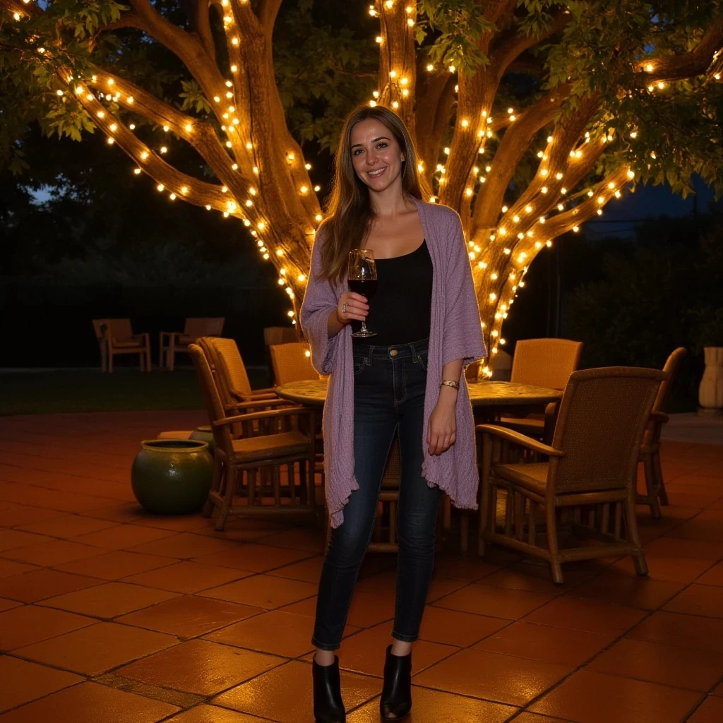 Full-length evening photograph of the same woman standing on a cozy, warmly lit patio. String lights wrap a large oak tree behind her, scattering tiny golden reflections over terracotta tiles and rattan chairs. She wears a soft-textured lavender cardigan open over a simple black camisole, slim high-waisted dark jeans, and ankle boots. She holds a glass of red wine in her right hand, smiling warmly at the camera. Fair skin glowing in the ambient light, clear textures on clothing, skin, and background, rich warm tones, relaxed and inviting vibe.