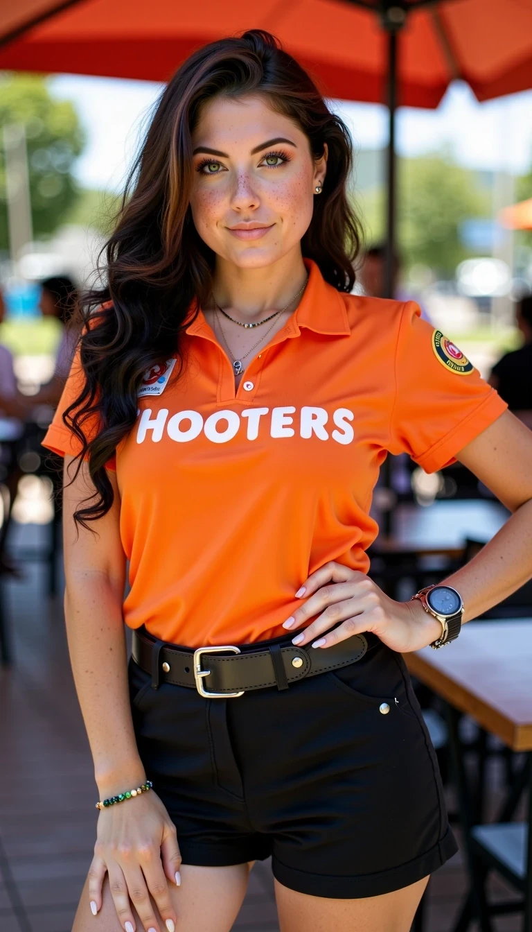 photo of woman CSTMDL, she should be wearing a hooters uniform,she should be smiling