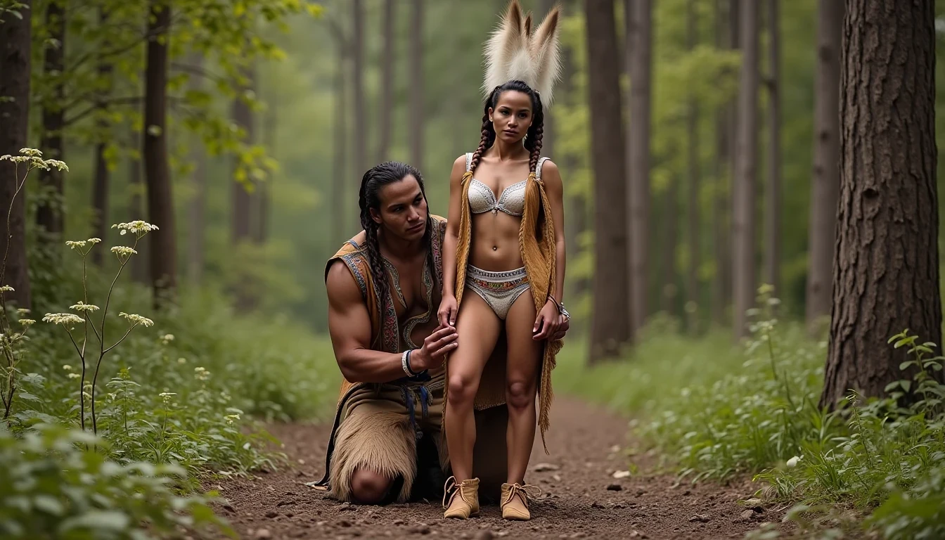 photo of woman CSTMDL, a medium shot photo of, a slim woman, her full body is in the scene, she has a slender petite build with petite small boobs and a flat chest, she has small dark skin nipples with long pointy nipple ducts and small dark skinned areolas, her hair is styled with two long braids she has eagle plumes in her hair, she is not wearing earrings, she is wearing daisy duke denim booty shorts, she is wearing a native American style vest in a golden yellow color over top of her underwear, her vest is open exposing her strapless bra, her bra is a strapless white lace bra, she is wearing white lace panties, she is wearing ankle height smoked hide moccasins, natural lighting, natural light, amateur photography, shot on an iPhone, she is standing with her legs spread wide apart in a densely wooded forest, she is maintaining intense eye contact with the camera, there is a giant native American fat man three times her height kneeling directly behind her holding onto gripping the woman's waistline, the man is holding her in front of him, the man is a real giant three times the height of an average male, public setting, Hyper realism, ultra-sharp focus, highly detailed, natural lighting, natural light, amateur photography, she has her hands placed down by her sides