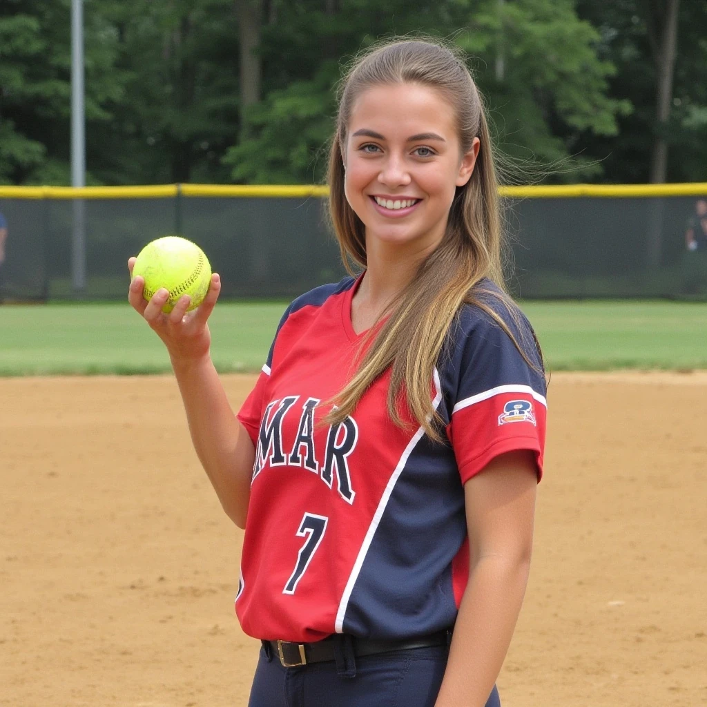 boring low quality snapshot, low-quality picture, realistic, age 22, tanned skin, clear face, long hair brown with blonde highlights, huge breasts, light green eyes, round ass, fit and proportionate figure, 5'4" tall, playing softball, in softball uniform, 