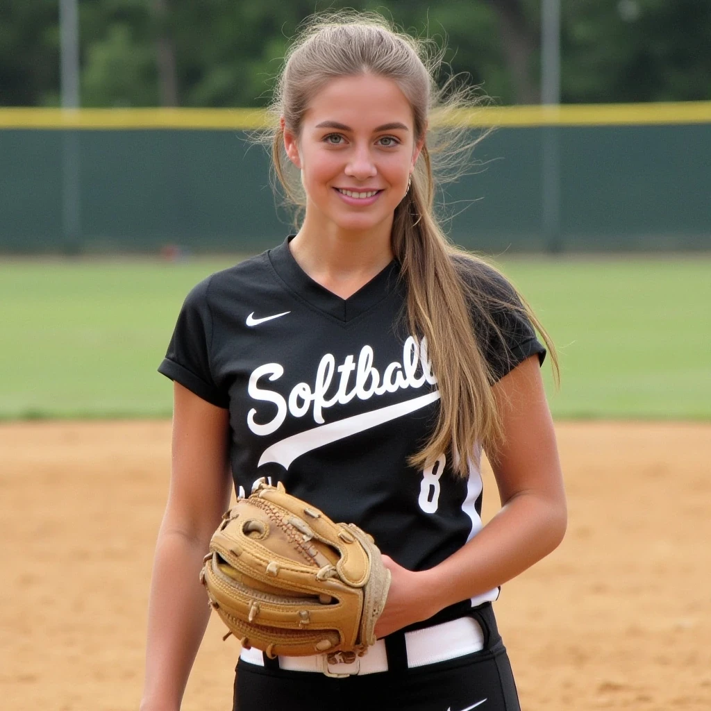 boring low quality snapshot, low-quality picture, realistic, age 22, tanned skin, clear face, long hair brown with blonde highlights, huge breasts, light green eyes, round ass, fit and proportionate figure, 5'4" tall, playing softball, in softball uniform, 