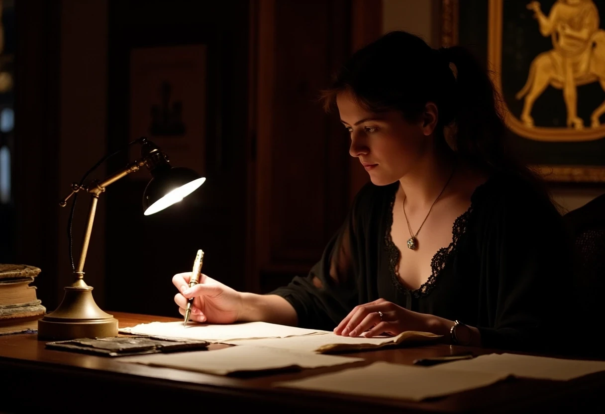 photo of woman CSTMDL, brunette, small pendant, hair tied, blue eyes, black night dress, working late night at her desk. The room is dark, the only light is a small art nouveau desk lamp.
She’s surrounded by a lot of old books and sheets of paper she worked on. She’s currently writing on a sheet with a beautiful vintage fountain pen.
She’s surrounded by her works in a beautiful art nouveau room with a Khmer piece of art in the background