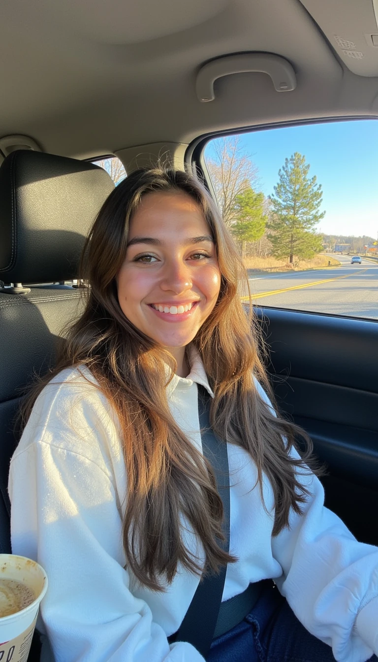 boring low quality snapchat photo circa 2015, A young woman with a warm smile, sitting in the driver's seat of a cozy car. She has soft, wavy brown hair cascading past her shoulders. The sunlight streams through the window, casting a gentle glow on her face. The interior of the car is neat and comfortable, with a coffee cup in the cup holder and a small plant on the dashboard. The background outside the window shows a scenic road lined with trees and blue skies