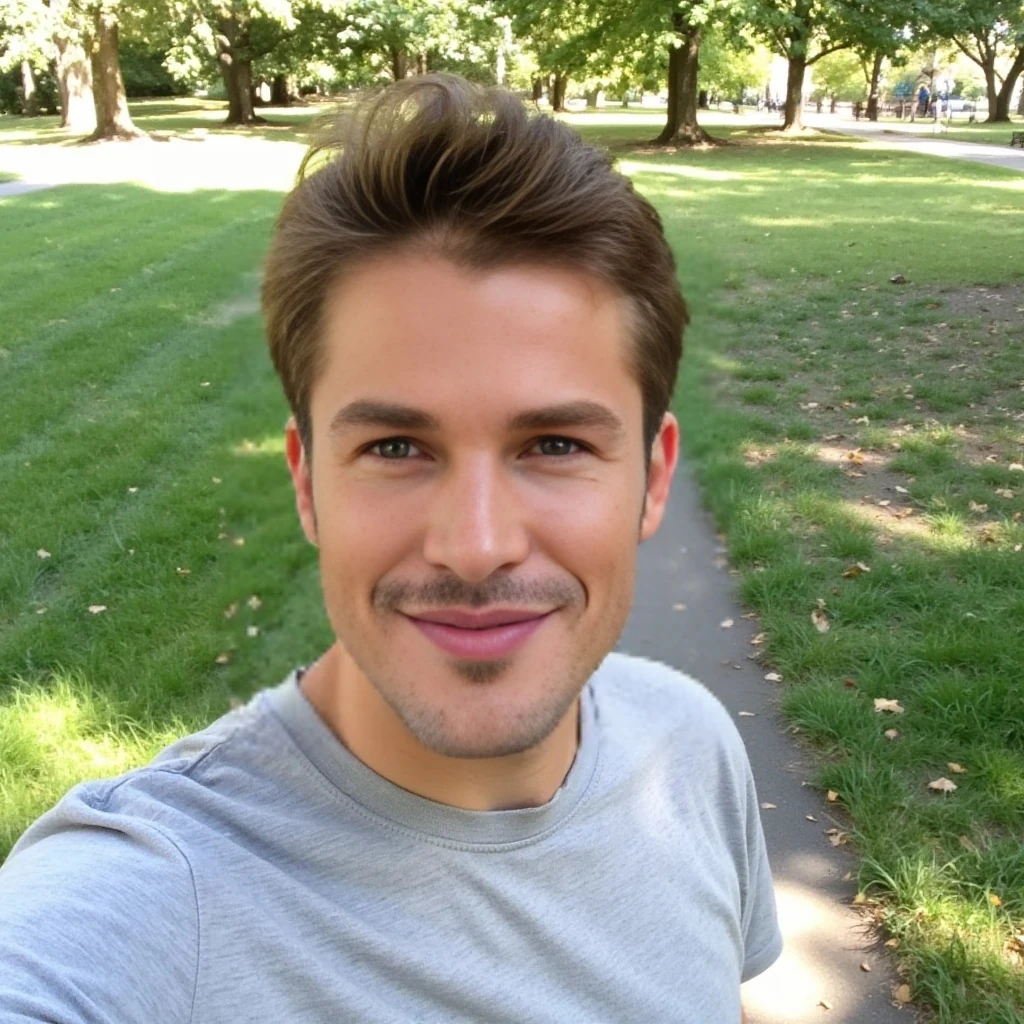 boring low quality snapchat photo circa 2015, cute man, soft light brown hair, selfie in the park