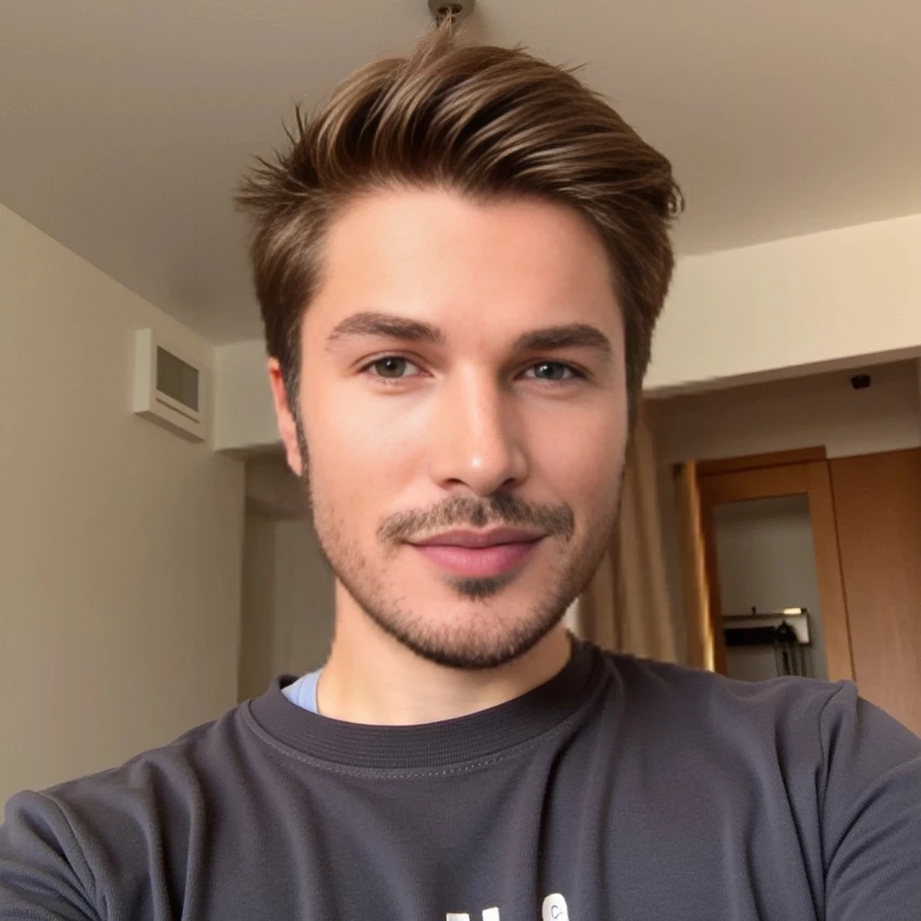 boring low quality snapchat photo circa 2015, cute man, soft light brown hair, selfie in the room