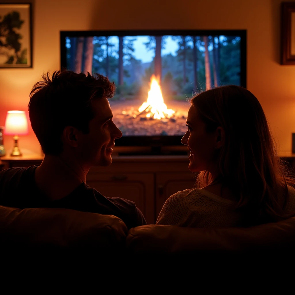 "Create a realistic, visually appealing image depicting a handsome young man and a woman engaged in an intimate, romantic date setting. The couple is seated comfortably, enjoying a relaxed conversation. In the background, a large, clearly visible television screen is displaying a soothing, immersive nature scene featuring a bonfire gently flickering in a tranquil woodland setting. Emphasize warm, cozy lighting and a welcoming atmosphere that complements the romantic mood."
