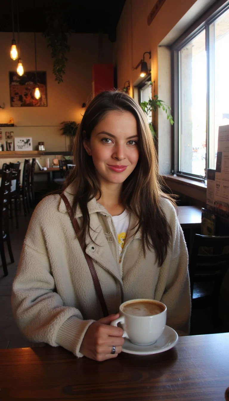 boring low quality snapchat photo circa 2015, Medium shot photo of a woman with brown hair sitting in a warmly lit coffee shop, dressed in casual, cozy clothing. She has a relaxed, thoughtful expression as she holds a warm cup of coffee. The background shows soft lighting, rustic decor, wooden tables, and the glow of hanging Edison bulbs, creating a calm, inviting atmosphere. Sunlight filters gently through the window, adding a warm tone to the scene.