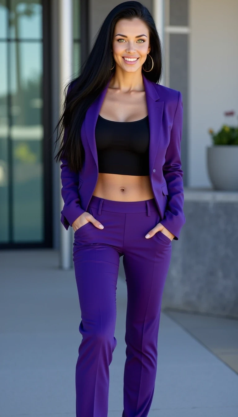  CSTMDL, haxel green eyes, long dark silky hair,5'5"height   size C ROUND Breasts, tiny waist 18 INCHES ,120 POUNDS, VERY PETITE toned,  fit, feminine, ultra realistic 8k, . 
"A confident woman with long black hair and striking hazel-green eyes, wearing a tailored royal purple pantsuit with a cropped black top. She stands outdoors near a modern glass building, hands in her pockets, radiating elegance and professionalism. She wears statement earrings and heels, her posture straight and poised, with a natural, warm smile. The lighting is bright and natural, highlighting her polished look and sophisticated style.  . Almond shaped  hazel green eyes false eyelaahes, plump lips, and toned, muscular feminine body.  CSTMDL-NIKKI 