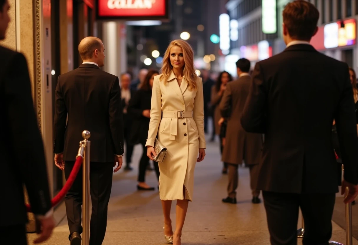 Boring low quality Snapchat photo circa 2013 of CSTMDL

She walks toward a velvet rope entrance of a fashion event, wearing a fitted cream coat belted at the waist and stiletto heels. In one hand she holds her phone. In the other hand, she clutches a metallic clutch, her nails faintly reflecting the streetlight. Blurred pedestrians and neon signs create a chaotic backdrop. Lighting is harsh and uneven: one side overexposed, the other shadowed. Image looks authentically flawed: grain, motion blur, compression smudge, muted tones