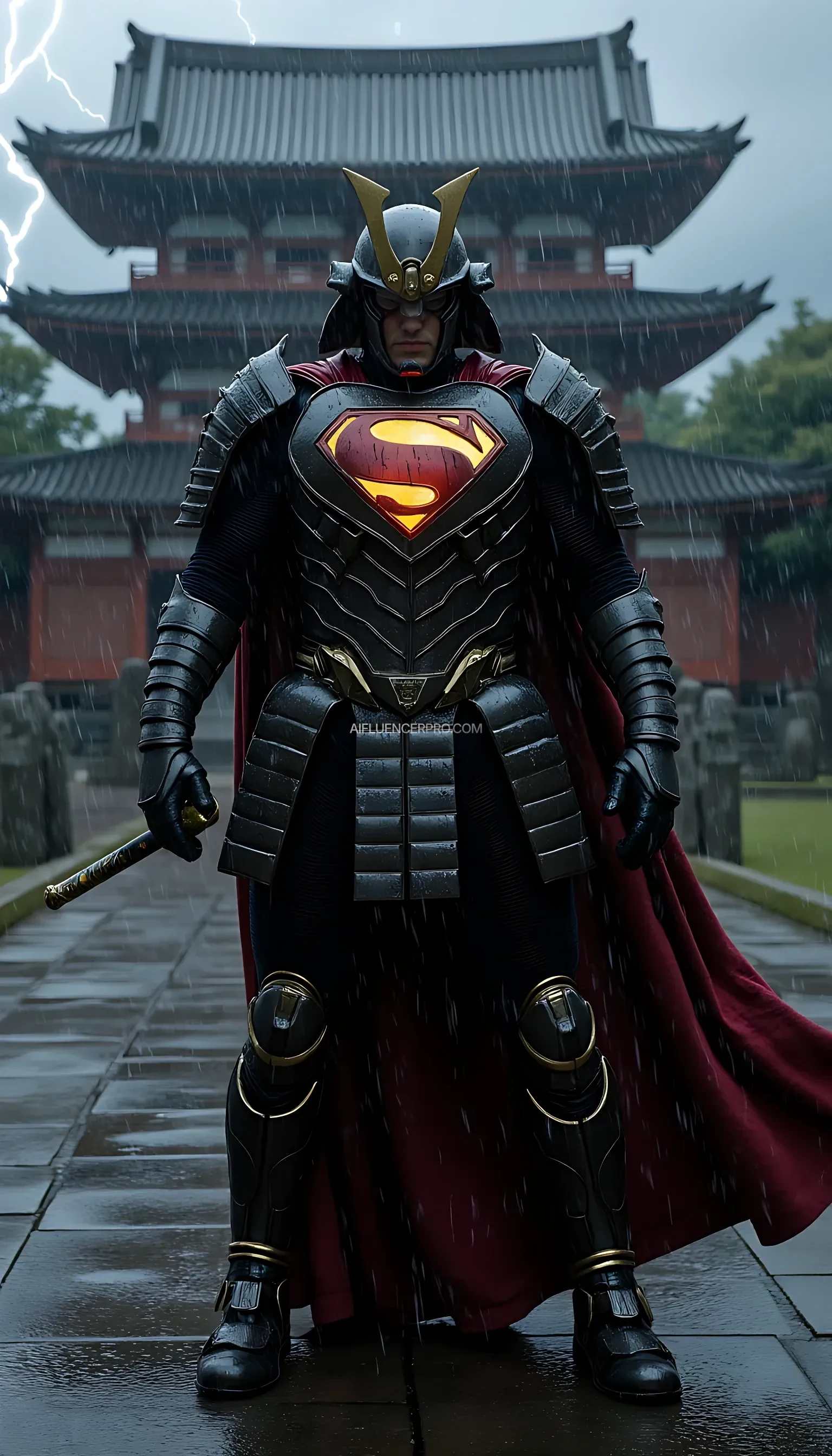 A photorealistic Superman wearing a majestic samurai-inspired suit, combining traditional Japanese armor with futuristic design. The samurai armor features intricate, metallic plating, with glowing accents that emphasize the advanced technology within. The iconic 'S' symbol is subtly integrated into the chest plate, radiating an aura of power. He wears a modernized samurai helmet, its sleek lines dripping with rain as water streams down his armor. Superman grips a katana firmly in one hand, the blade shimmering under the pouring rain, while droplets cascade from its edge. The scene is set in an ancient Japanese temple courtyard during a torrential downpour. Thunder rumbles in the distance, and flashes of lightning briefly illuminate the darkened sky. Puddles form on the stone ground, reflecting the temple's towering silhouette. Superman stands poised, his cape soaked and clinging to his body, as he prepares for an intense battle amidst the dramatic, rain-soaked atmosphere.