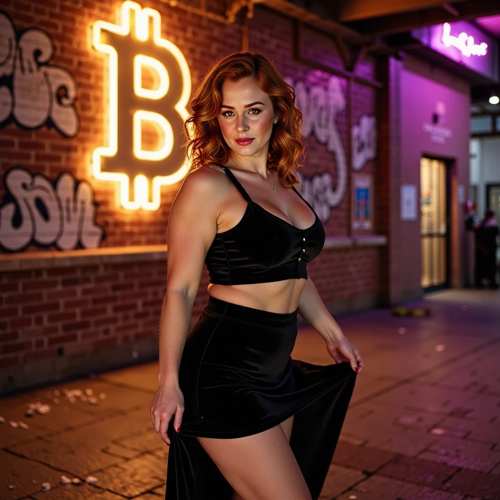 CSTMDL is athletic and curvy, 5'6", with DDD breasts, green eyes, and perfectly shaped pupils. Her hairstyle is bright copper-red, short and wavy, 5 inches below her shoulders. Her red eyebrows and glam makeup — gold shimmer eyeshadow, bold winged eyeliner, and glossy deep red lips — pop against the city shadows.

CSTMDL poses confidently in a black velvet two-piece outfit: a bralette-style crop top and a high-slit skirt. She wears gold heels and deep red nails. Her body is turned slightly, one hand teasing the edge of her skirt. She stares directly into the camera with a seductive, confident expression.

Behind CSTMDL, a neon BITCOIN symbol sign glows softly in warm amber and pink hues, casting color over the brick wall and graffiti around her. The pavement beneath her is wet, catching city light reflections. Rose petals are scattered at her feet.

Shot on a Canon EOS R5, 50mm f/1.2L lens, ISO 200, f/1.2, 1/250 shutter. Ultra-realistic 8K quality with dramatic contrast, moody cinematic lighting, and shallow depth of field.