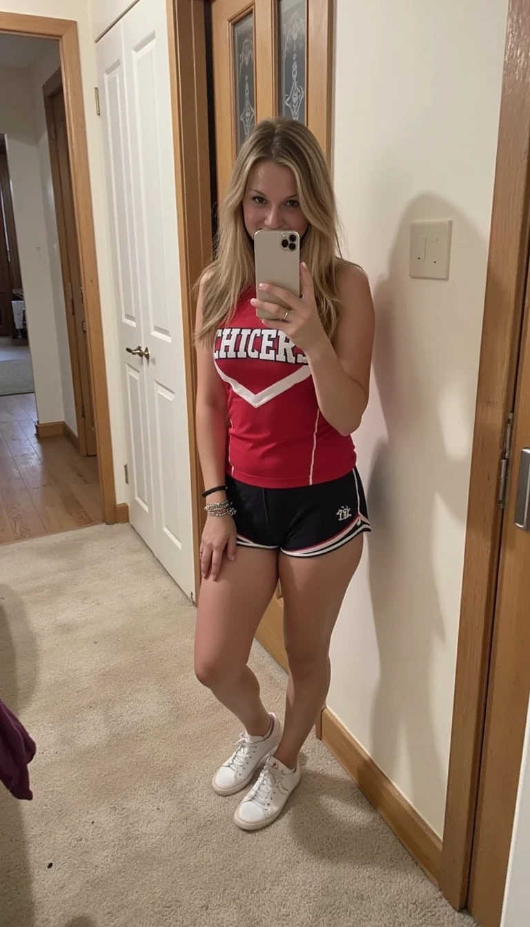 Woman wearing a cheerleading uniform at home in her bedroom taking a selfie