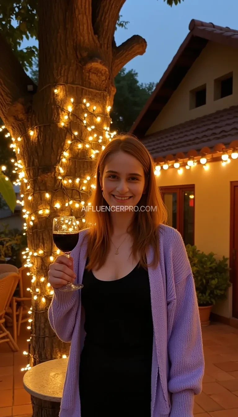 A full body shot photo of a woman standing outdoors at a cozy, warmly lit patio in the evening, with soft, glowing lights wrapped around a tree behind them creating a charming atmosphere. The image is rich in detail, with warm tones and clear textures throughout. The woman has fair skin, a slim build, and long reddish-blonde hair, also worn loose. She is smiling warmly at the camera, holding a glass of red wine in her right hand, and wears a soft-textured lavender cardigan over a black top. The background features a large tree with sparkling string lights wrapped around its trunk and branches, adding a magical touch to the scene. The setting suggests a private outdoor seating area, with elements like terracotta-tiled roofing, greenery, and rattan chairs contributing to a serene, inviting vibe. The overall composition is balanced, with the woman framed against the softly glowing tree, and the lighting enhances the warm, intimate feel of a quiet evening shared among friends. The details are vivid, with textures of clothing, skin, and background elements clearly visible, while the warm lighting creates a relaxed and joyful mood