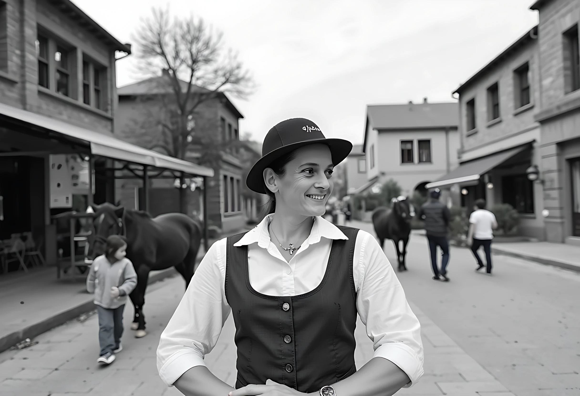 photo of brunette woman CSTMDL bw photo with hude grain from circa 1880, she have dress from 19. century an walk at bussy street ful of people, and horses