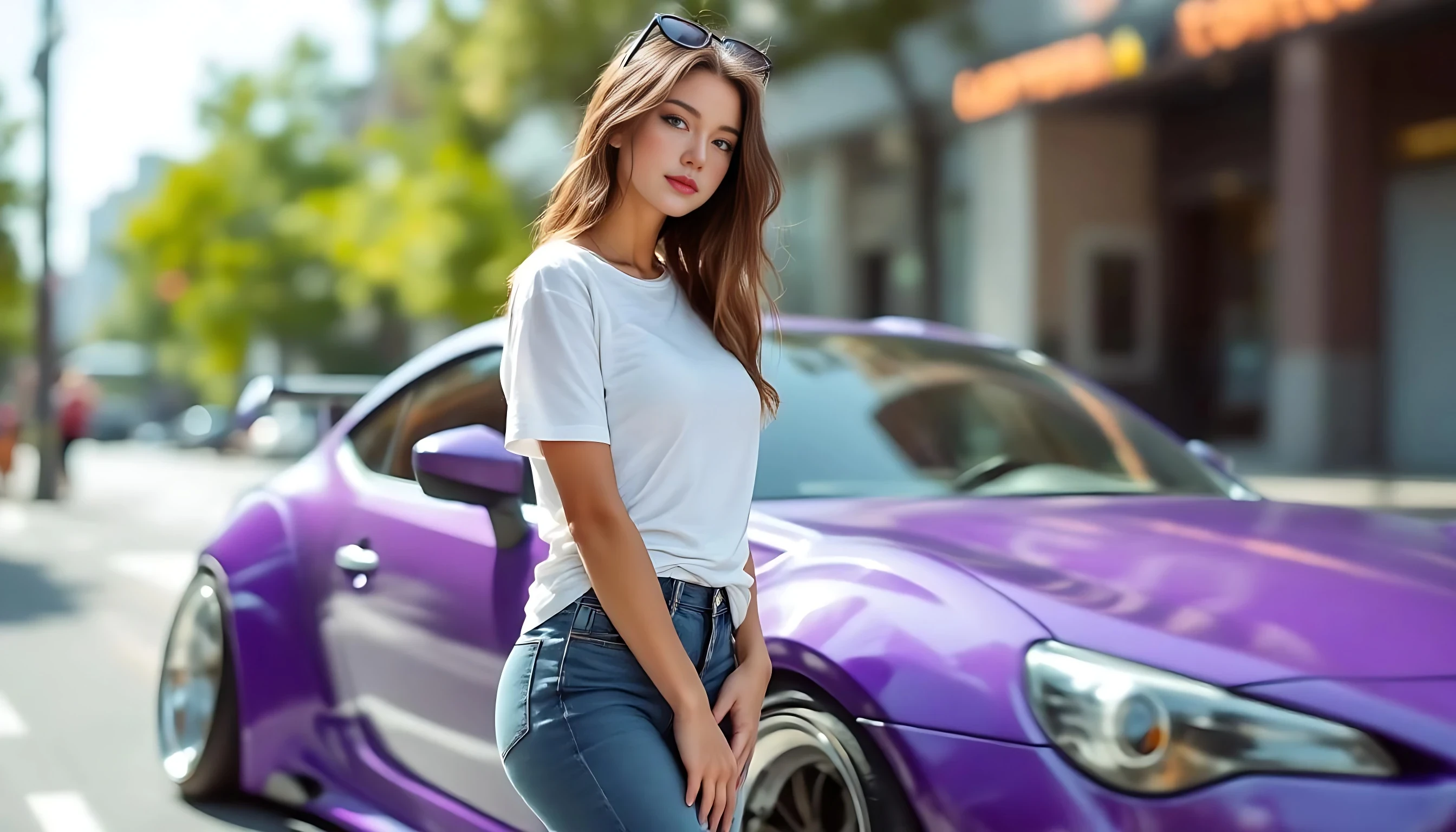 Full-body angle from the side: woman in a white t-shirt tucked into tight jeans, standing with crossed legs beside a lowered purple Liberty Walk Toyota 86, hand resting on the car mirror, stylish casual vibe, sunny day, polished street backdrop.



negative prompt:  blurry, low resolution, low quality, distorted face, extra limbs, extra fingers, missing fingers, deformed hands, unnatural skin texture, overexposed, underexposed, bad anatomy, disfigured, mutated, duplicate face, fused limbs, exaggerated features, unrealistic eyes, anime style, cartoon, doll-like, glitch, watermark, text, logo, grain, noisy background, jpeg artifacts, lens distortion, fisheye,deformed hands, extra fingers, missing fingers, double face, bad anatomy, blurry face, disfigured, bad proportions, low quality, artifact, mutated limbs, asymmetrical eyes, face distortion, incorrect lighting, extra limbs, low quality, bad anatomy, disfigured, mutated, deformed, extra limbs, extra fingers, missing fingers, blurry face, ugly face, inconsistent face, bad hands, face distortion, body distortion, duplicate face, glitch, watermark, logo, text,no text,no watermark,no extra fingers no blurry face
