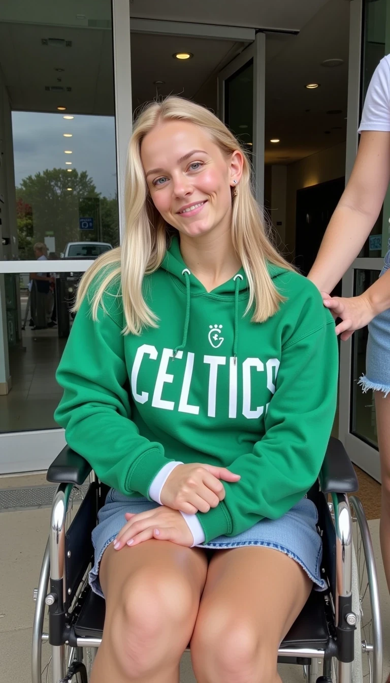 CSTMDL, Hailey, hyper-realistic photograph of a young woman in her early-20s with warm fair skin tone, blonde hair cascading over her shoulders, getting out of a hospital, she is sitting down on a wheelchair, she is wearing a jean skirt and a green Celtics hoodie, she is looking at the camera with a smile,  no visible sweat or signs of exertion, no accessories except a white hospital band on her right wrist, background includes the double sliding doors from the hospital, a second woman, CSTMDL, Lory is being her pushing the wheelchair, overall atmosphere of quiet vulnerability mixed with subtle allure, medium shot from a low angle, captured with a Canon EOS 5D Mark IV camera using a 50mm prime lens at f/2.8 aperture, ISO 200, natural outdoor lighting with high detail and sharpness, photorealistic textures on the thin cotton fabric of the hoodie  with faint wrinkles and soft folds, glossy sliding doors reflections, ultra-detailed skin pores and hair strands, indistinguishable from a real high-resolution photo