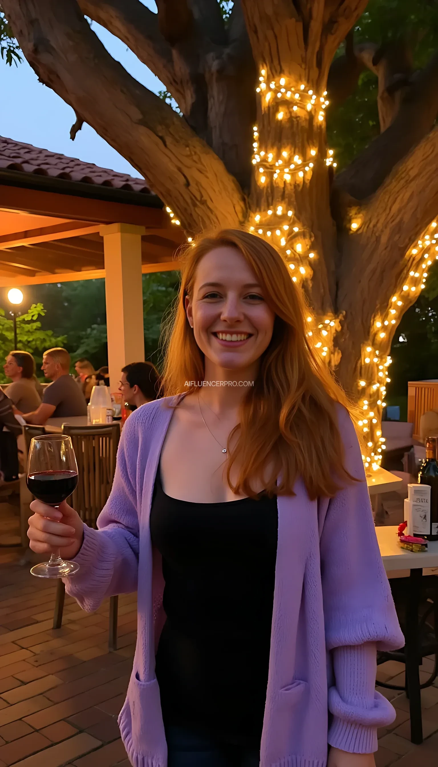 A full body shot photo of a woman standing outdoors at a cozy, warmly lit patio in the evening, with soft, glowing lights wrapped around a tree behind them creating a charming atmosphere. The image is rich in detail, with warm tones and clear textures throughout. The woman has fair skin, a slim build, and long reddish-blonde hair, also worn loose. She is smiling warmly at the camera, holding a glass of red wine in her right hand, and wears a soft-textured lavender cardigan over a black top. The background features a large tree with sparkling string lights wrapped around its trunk and branches, adding a magical touch to the scene. The setting suggests a private outdoor seating area, with elements like terracotta-tiled roofing, greenery, and rattan chairs contributing to a serene, inviting vibe. The overall composition is balanced, with the woman framed against the softly glowing tree, and the lighting enhances the warm, intimate feel of a quiet evening shared among friends. The details are vivid, with textures of clothing, skin, and background elements clearly visible, while the warm lighting creates a relaxed and joyful mood
