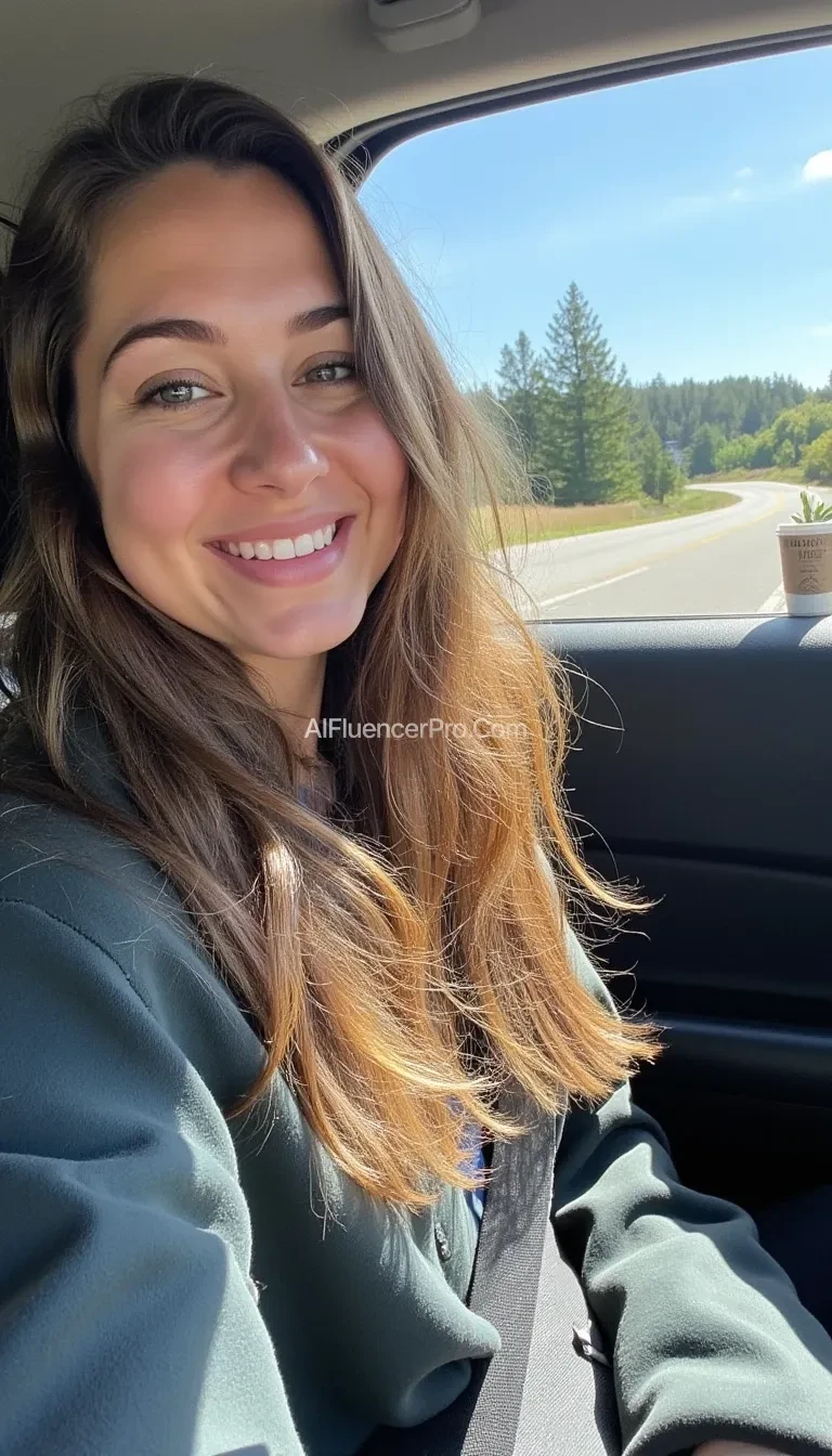 boring low quality snapchat photo circa 2015, A young woman with a warm smile, sitting in the driver's seat of a cozy car. She has soft, wavy brown hair cascading past her shoulders. The sunlight streams through the window, casting a gentle glow on her face. The interior of the car is neat and comfortable, with a coffee cup in the cup holder and a small plant on the dashboard. The background outside the window shows a scenic road lined with trees and blue skies