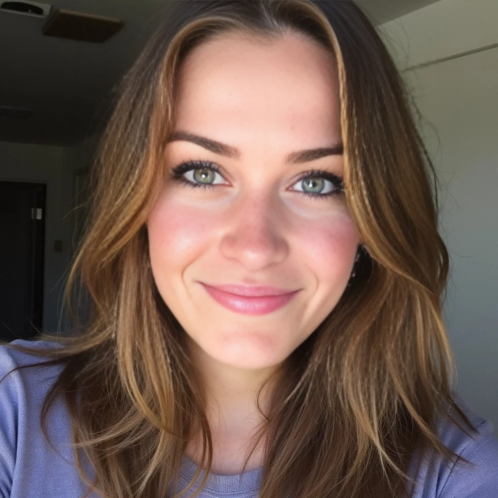 boring low quality snapchat photo circa 2015, cute woman, soft light brown hair, selfie, intense blue eyes, beautiful smile, light freckles, full outfit