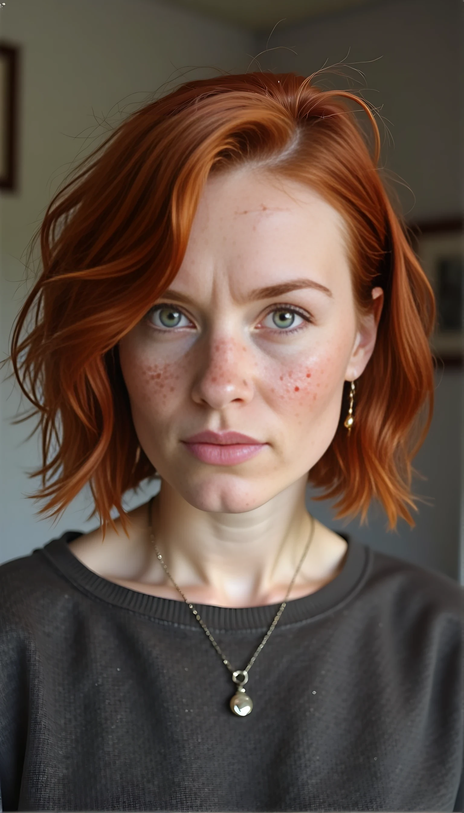 headshot of  CSTMDL lookin gdirectly at the camera, she has short red waivy hair. 