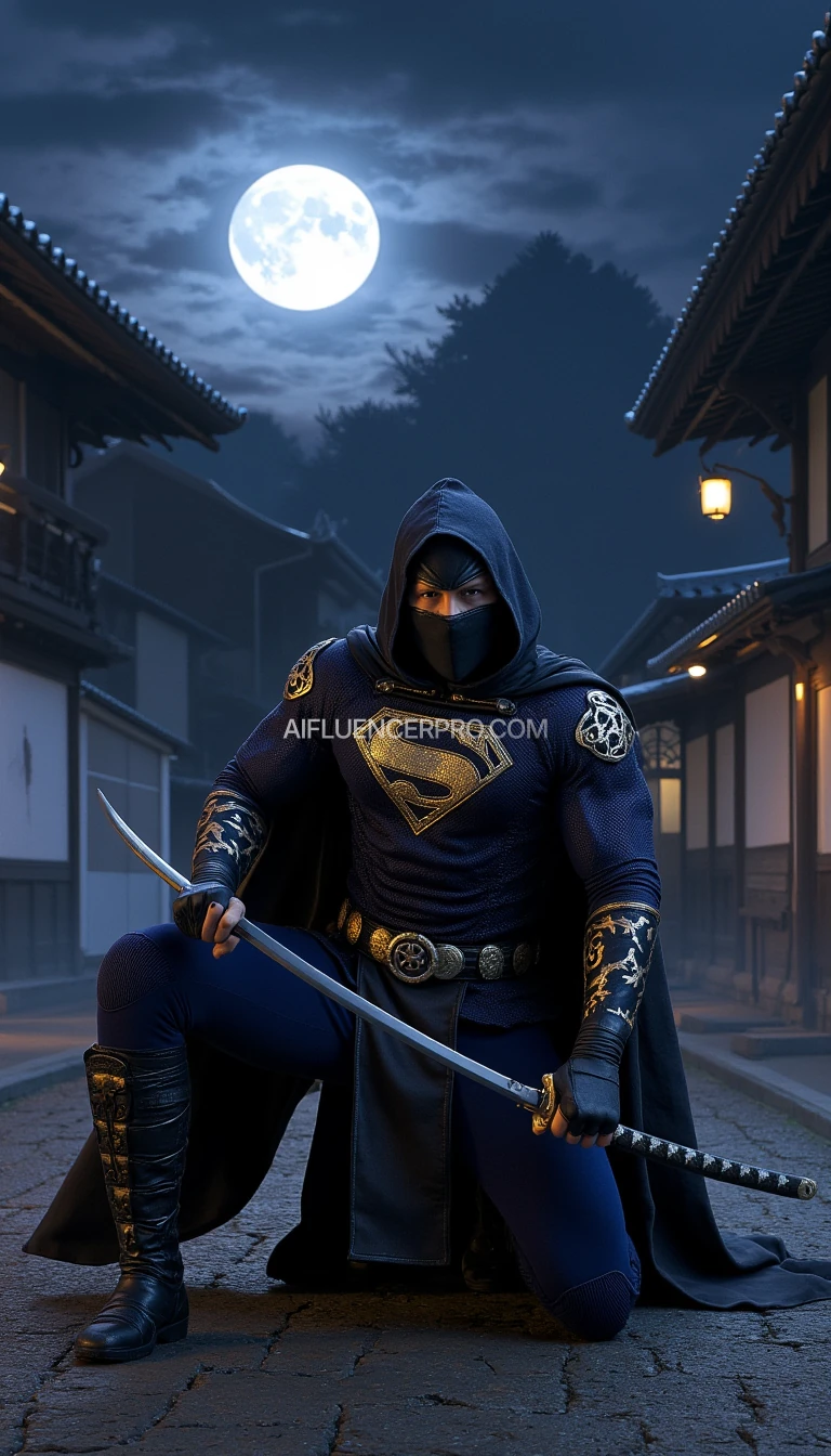 Superman in a ninja appearance, wearing a dark blue costume with intricate golden embroidery inspired by Japanese designs on the arms and chest, featuring his iconic 'S' emblem prominently displayed on the chest in gold. His cape seamlessly integrated into the costume, designed for stealth. Superman is crouched low in a dynamic battle-ready stance, one knee bent deeply while the other leg stretches back for balance. One hand tightly grips a katana sword positioned diagonally, ready to strike, while the other forms a defensive clenched fist. His sharp, focused gaze reflects determination. The background features a traditional Japanese village at night with a full moon glowing brightly and thin mist weaving through the scene, adding an air of mystery and intensity.
